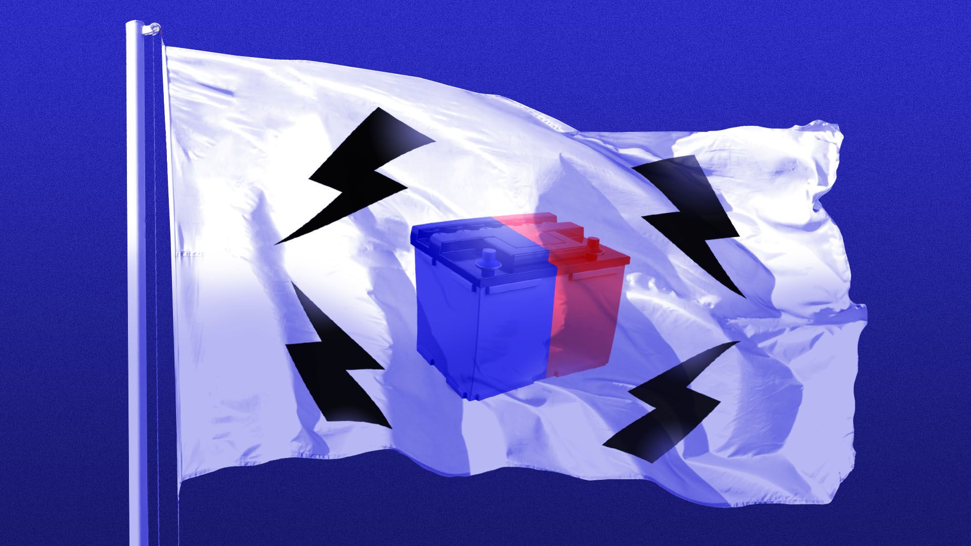 Illustration of a flag resembling the South Korean flag featuring a blue and red battery surrounded by four lightning bolts