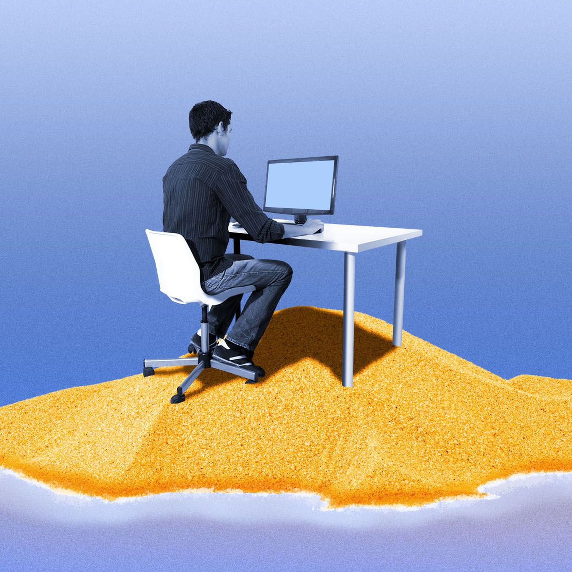Illustration of a person working at a desk in the middle of a island