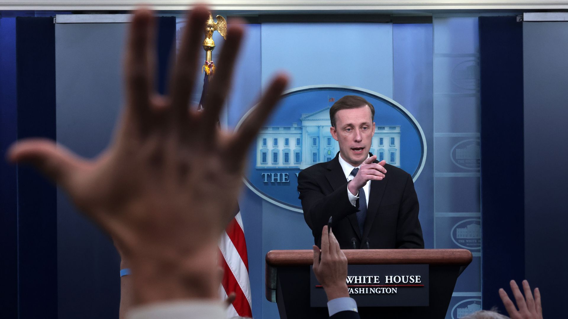 National Security Adviser Jake Sullivan is seen answering questions at the Daily Press Briefing.
