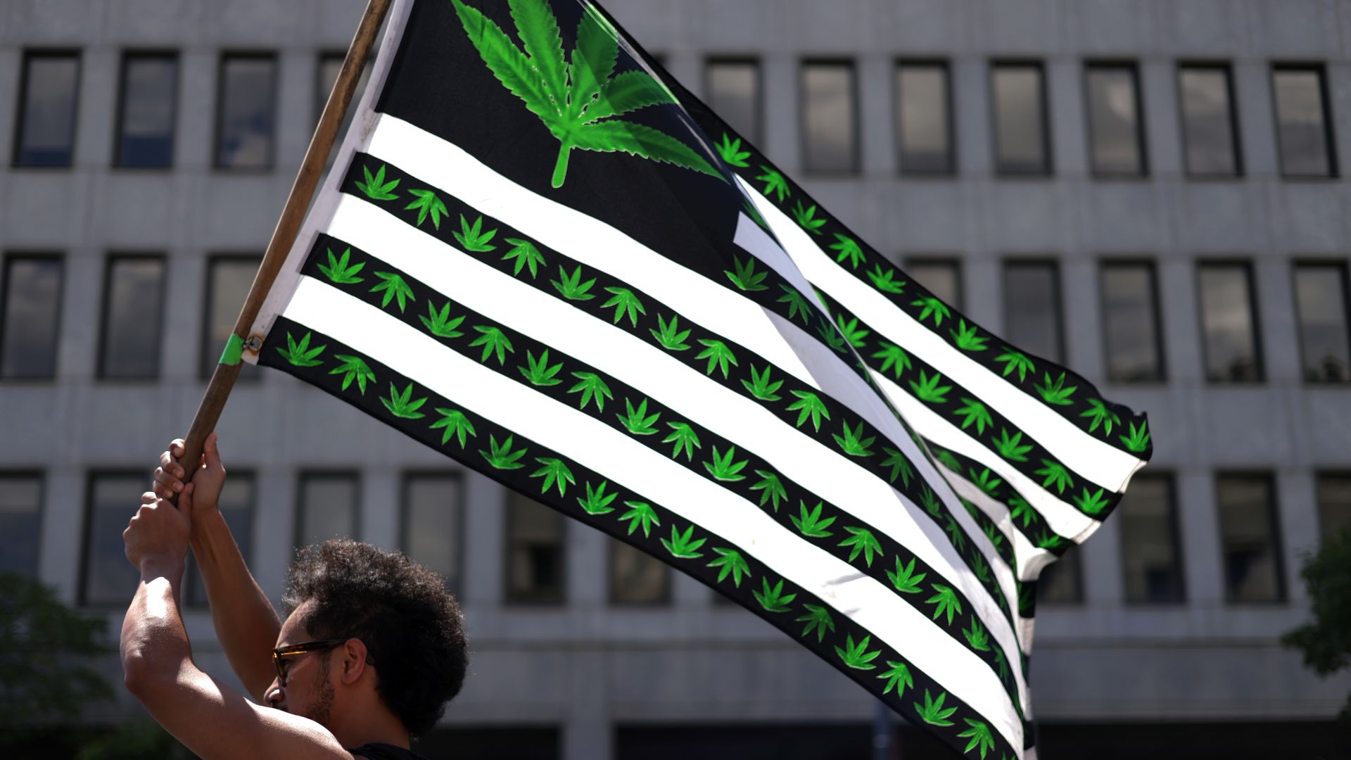 An activist for marijuana legalization holds up flag of weed leaves