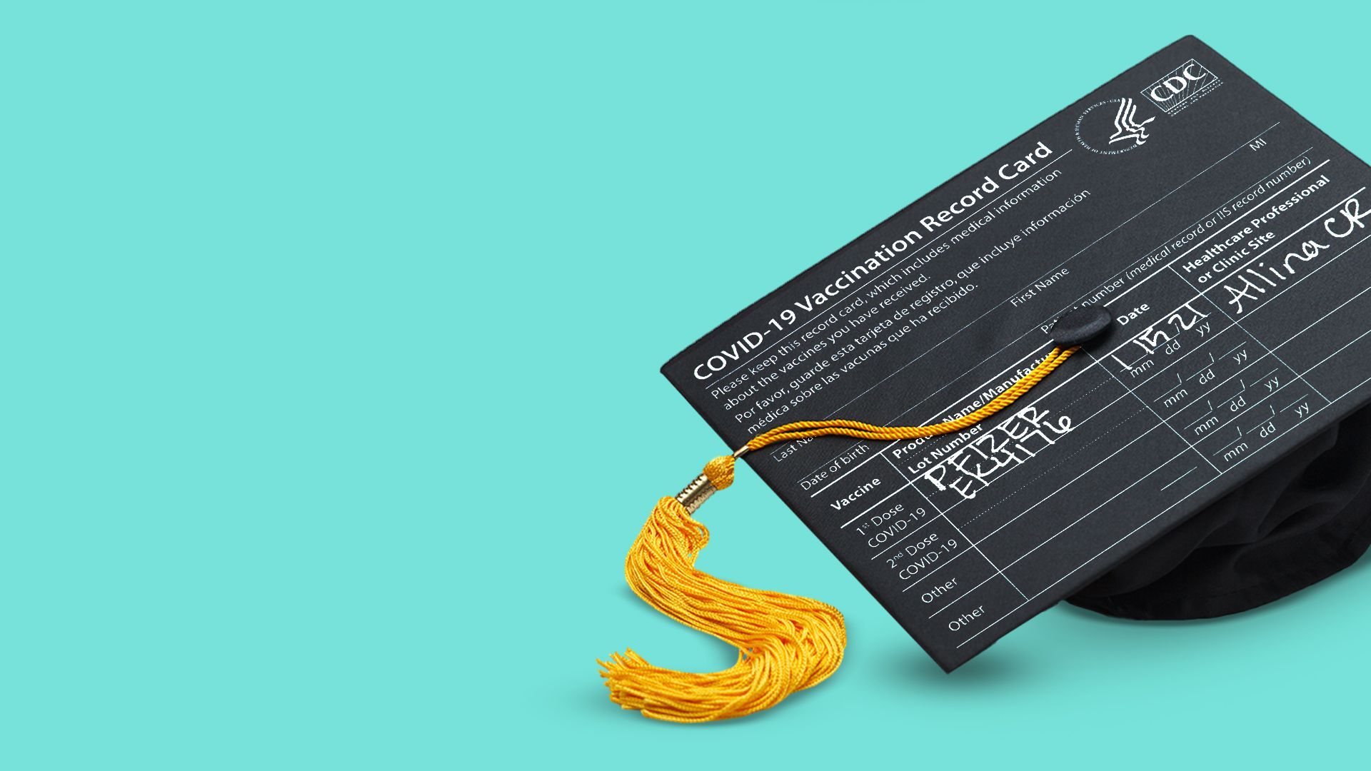 Illustration of a vaccine card as the mortarboard of a graduation cap.