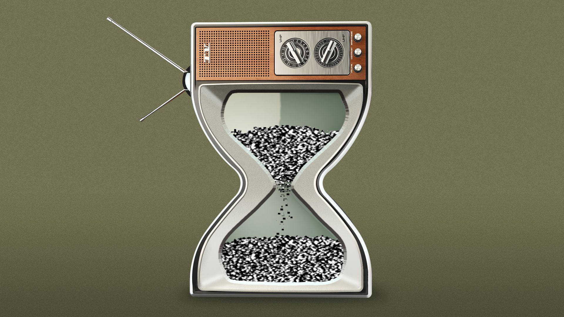 Illustration of a television turned on its side and bent to resemble an hourglass, with television static sifting downward as though it is sand