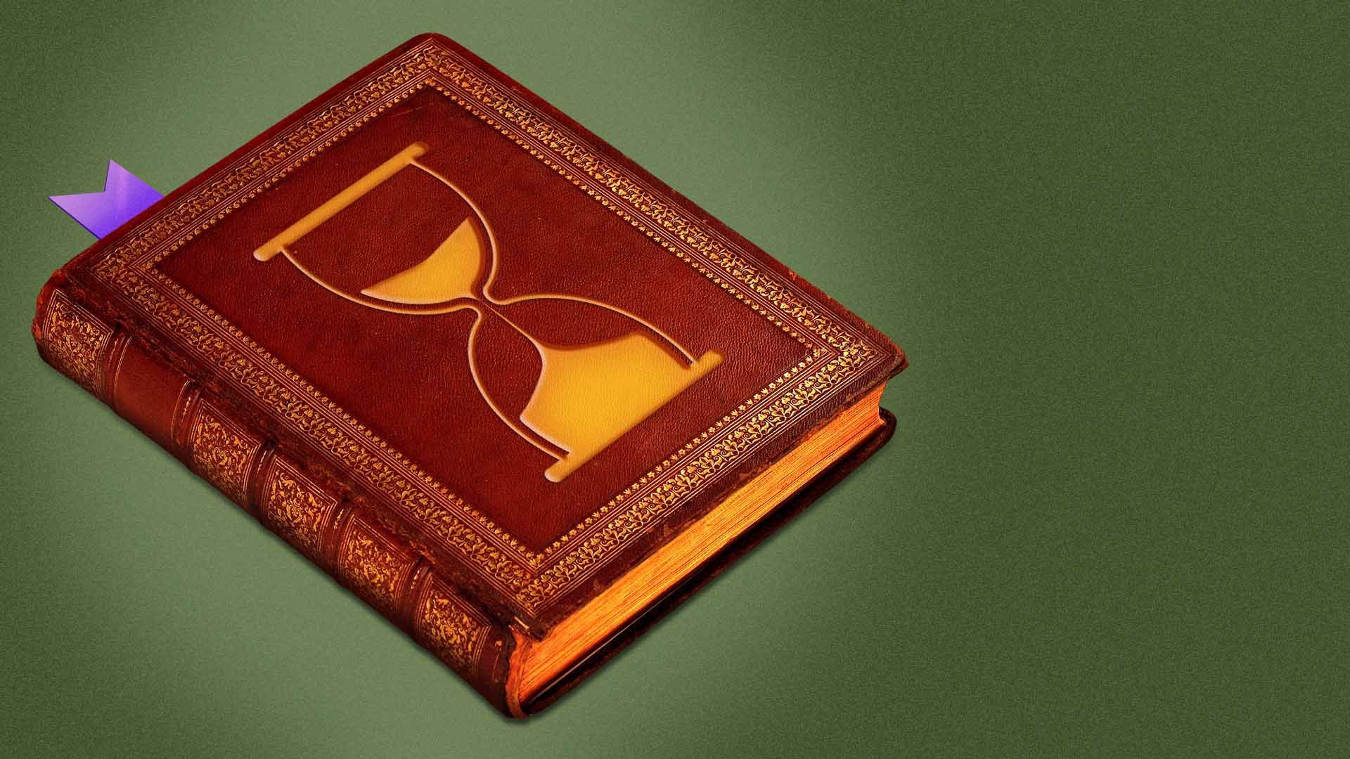 Illustration of an old book with an hourglass on the cover
