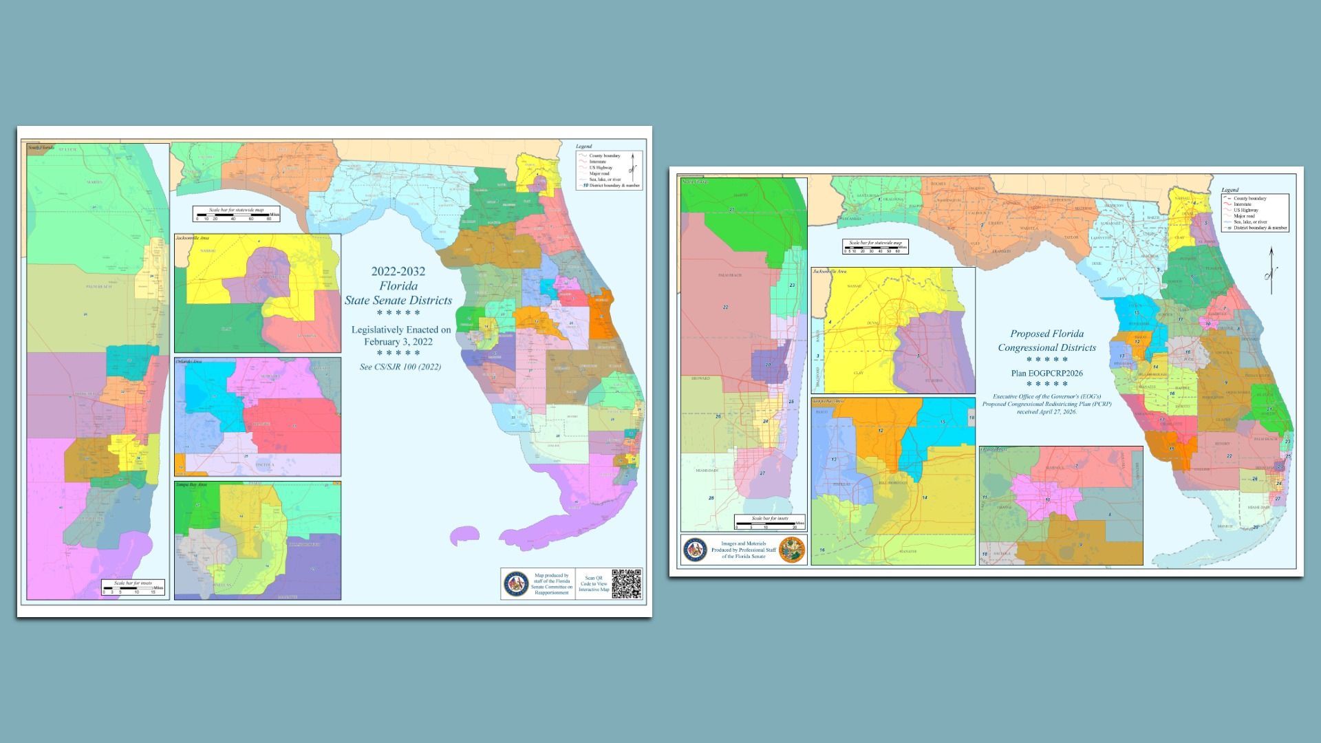 Left: Congressional map approved in 2022. Right: Congressional map approved in 2026.