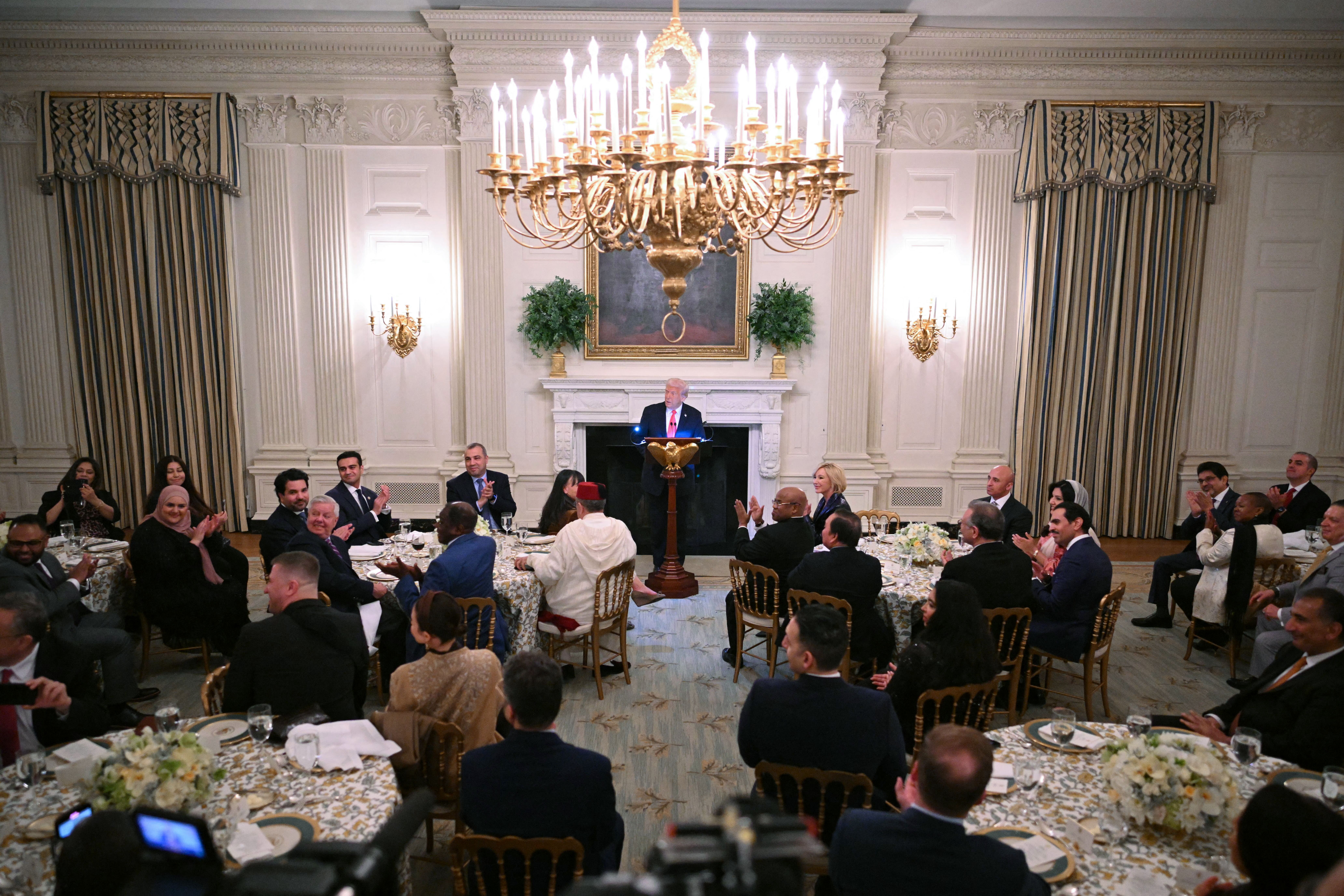 President Trump speaks during an Iftar dinner in the State Dining Room last night.