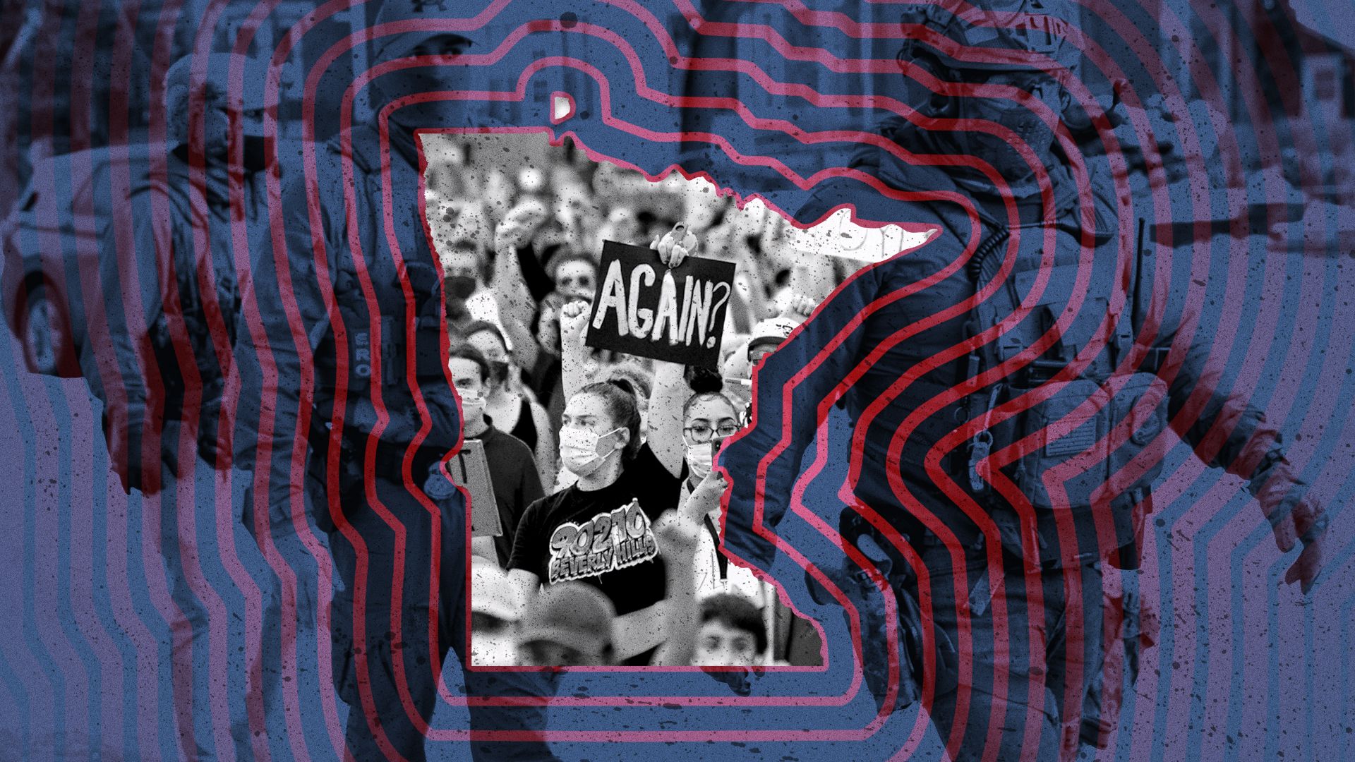 Photo illustration of a BLM protest from the summer of 2020 superimposed over the state of Minnesota and ICE agents in 2026. 