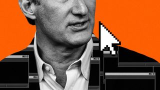 Photo illustration collage of Glenn Youngkin surrounded by computer windows and an arrow cursor. 