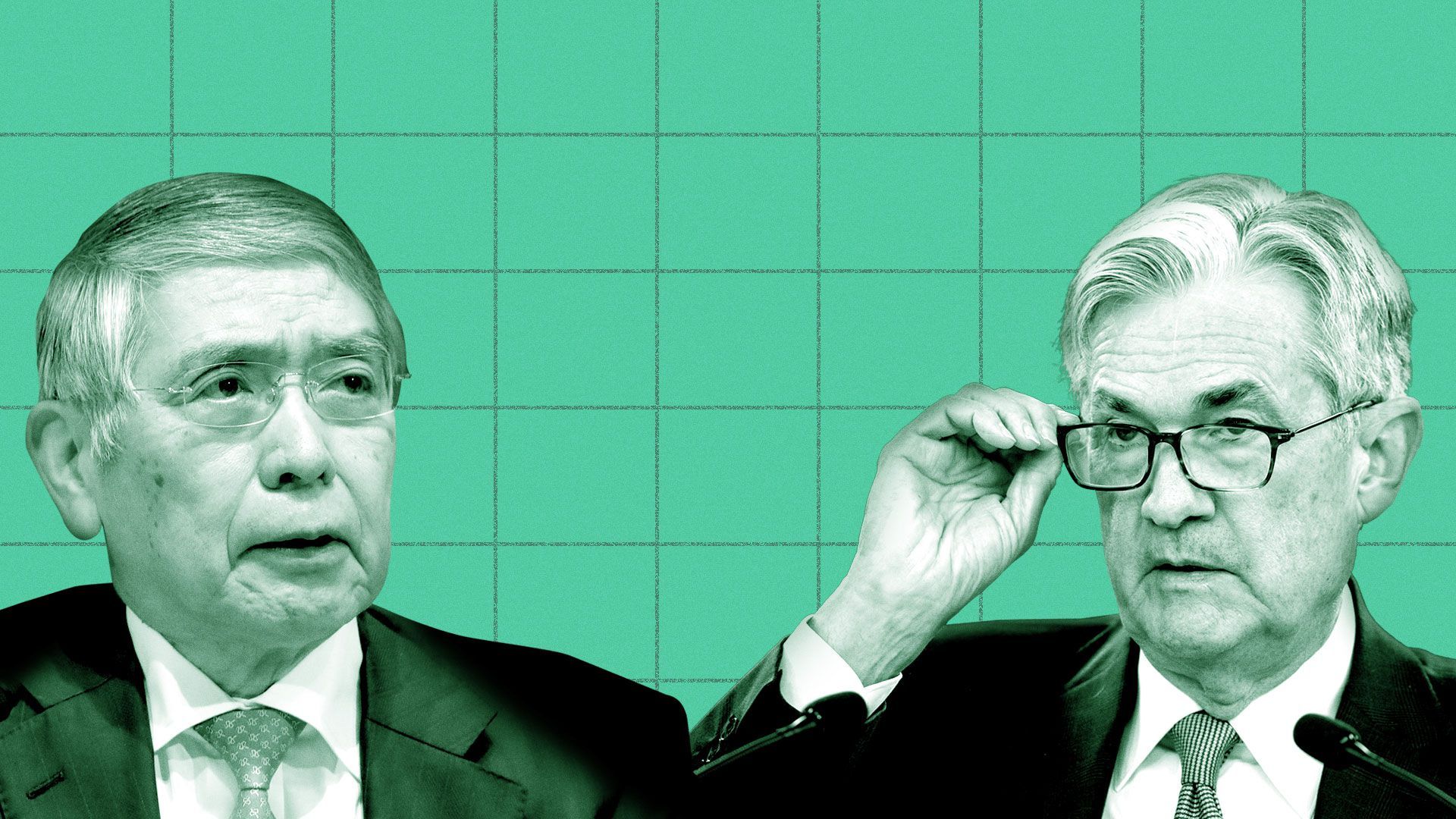 Photo illustration of Federal chair Jerome Powell and Bank of Japan governor Haruhiko Kuroda.