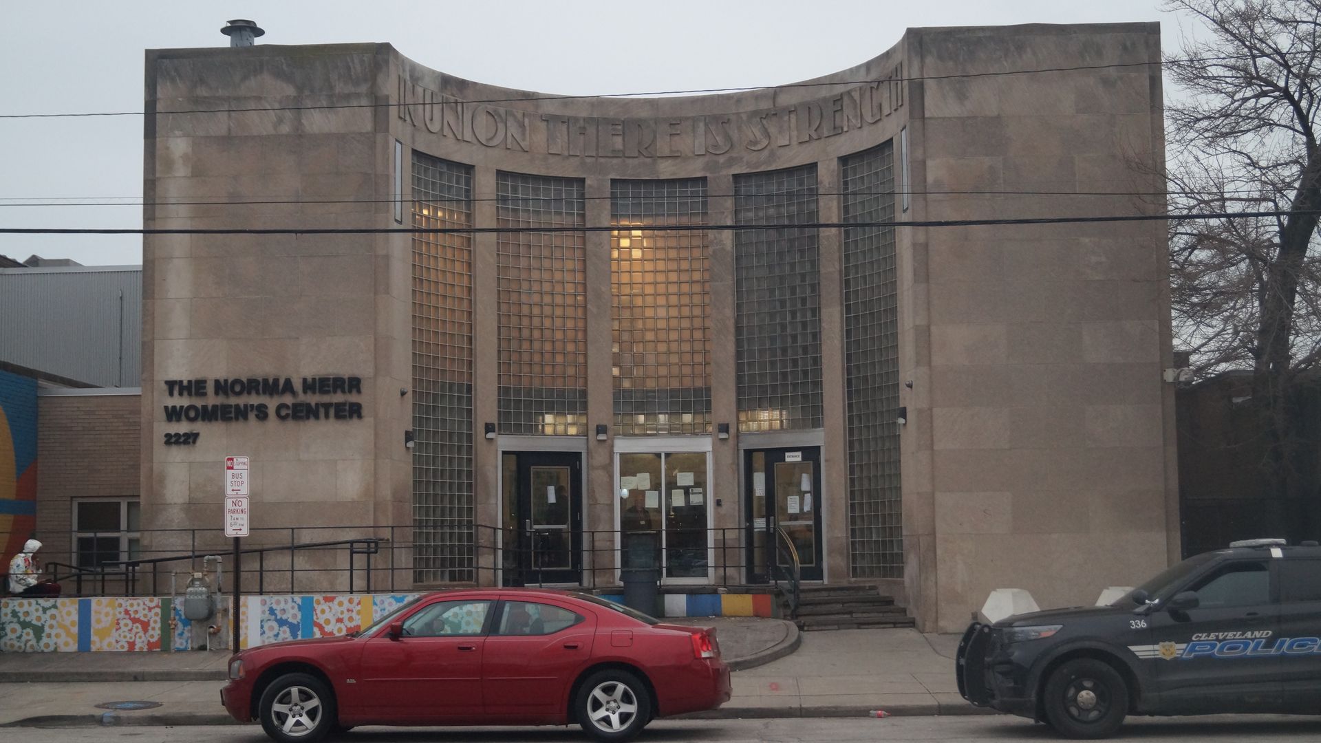 Front of the Norma Herr Women's Center, a sandstone Art Deco building in Cleveland