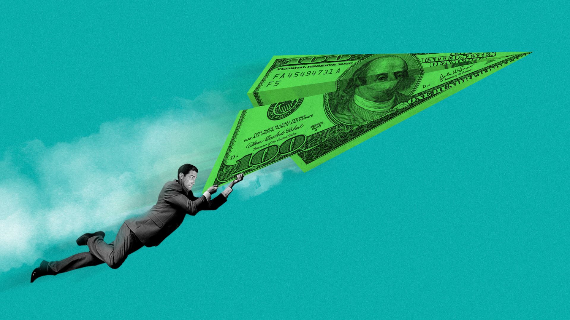 Illustration of a businessperson hanging on to the edges of a fast-moving paper airplane made from money.