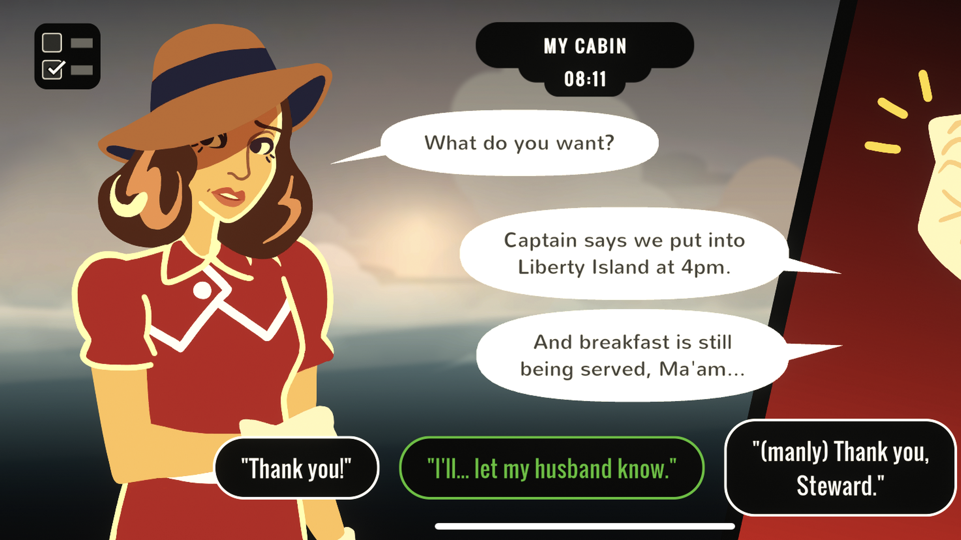 Screenshot of a video game in which the player is choosing how to have a woman answer a question about her missing husabd.