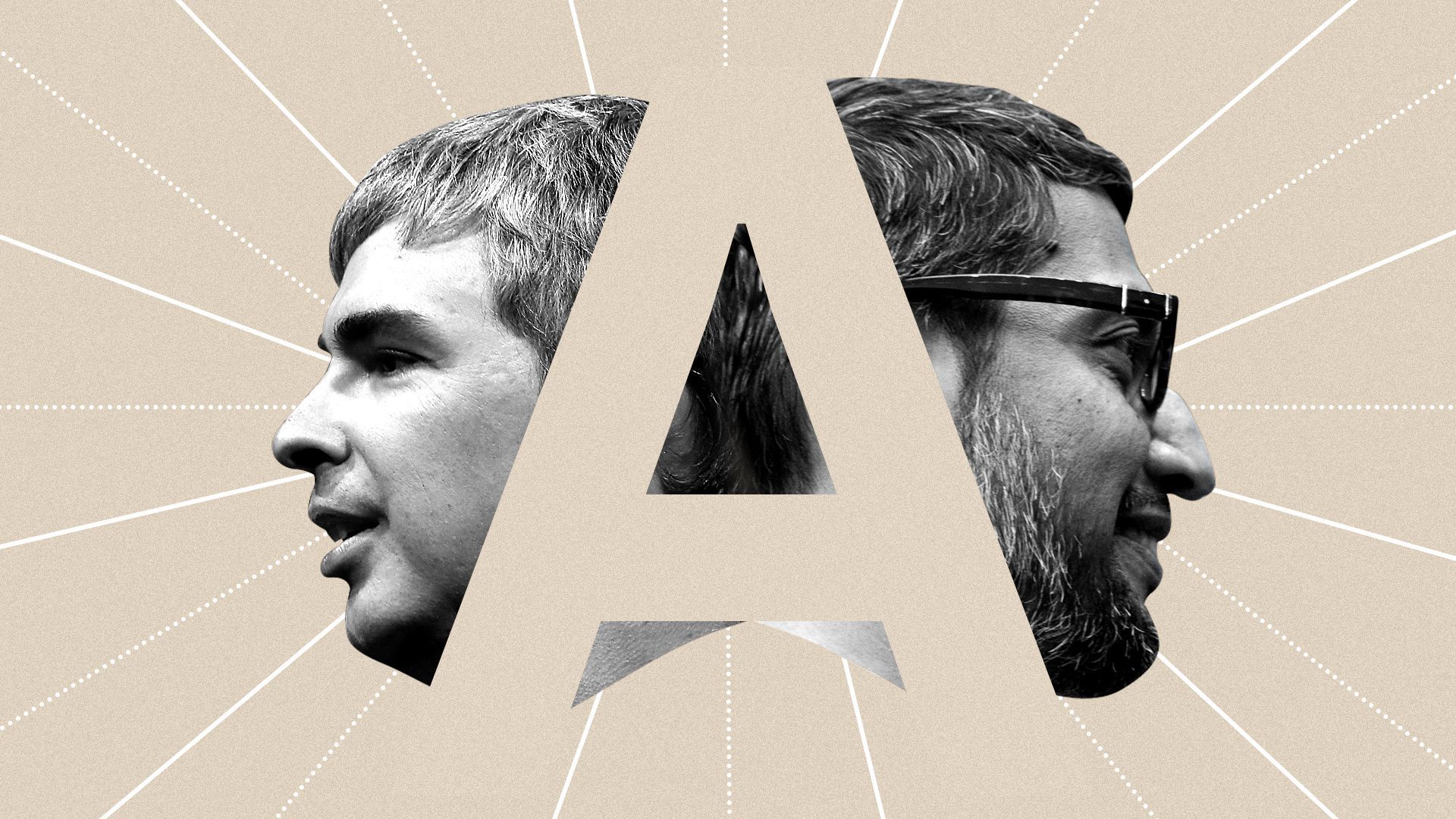 In this illustration, two heads are attached to a large letter A