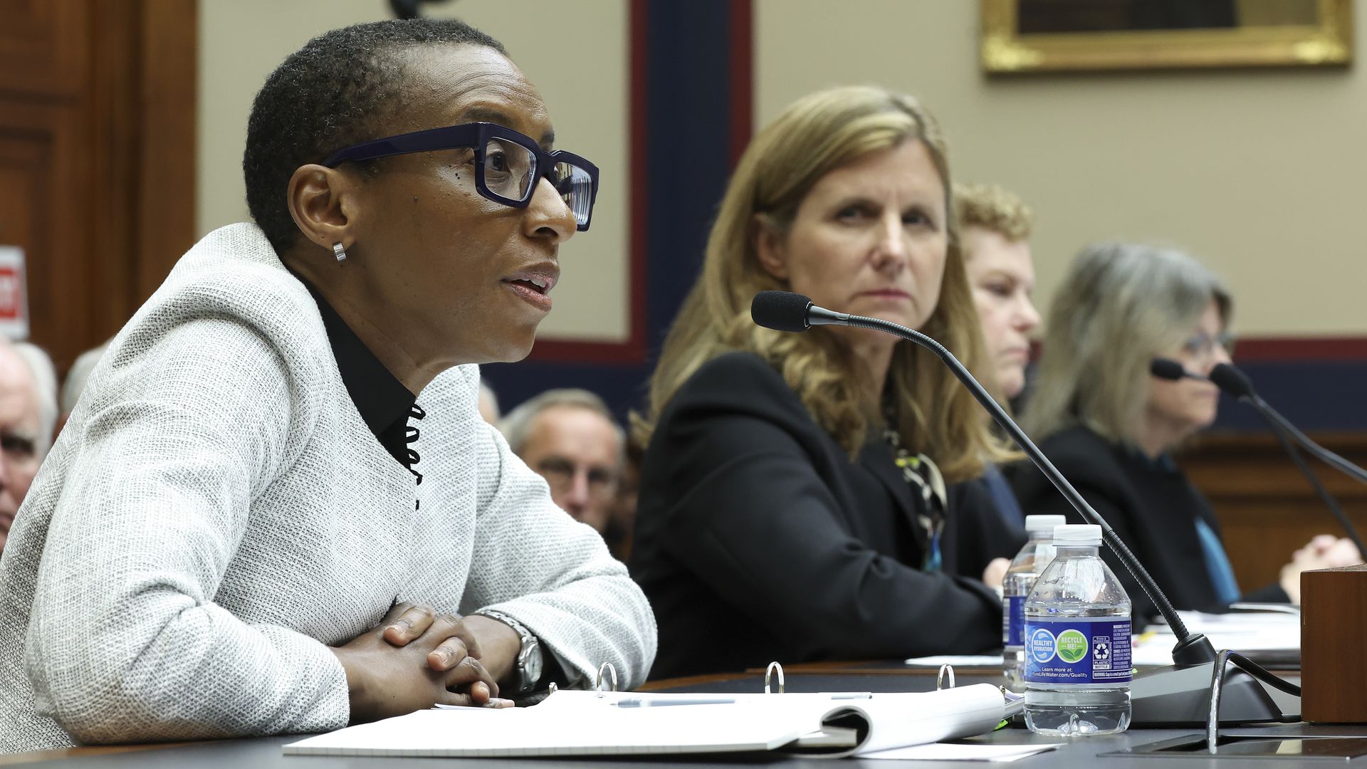 Harvard University President Claudine Gay, left, testifies at a congressional panel about antisemitism on college campuses in Washington, D.C., Dec. 5, 2023.
