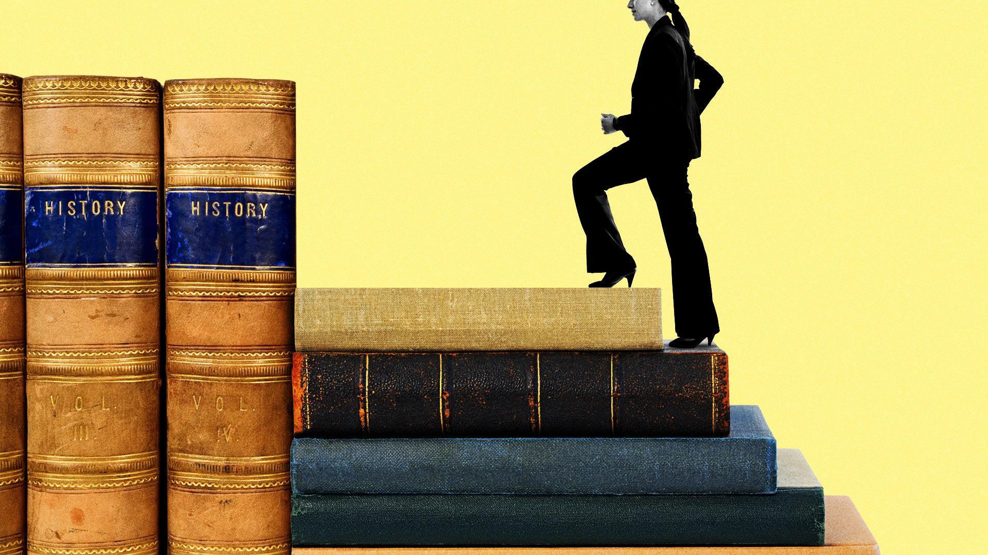 Illustration of a woman walking up history books like they are stairs.