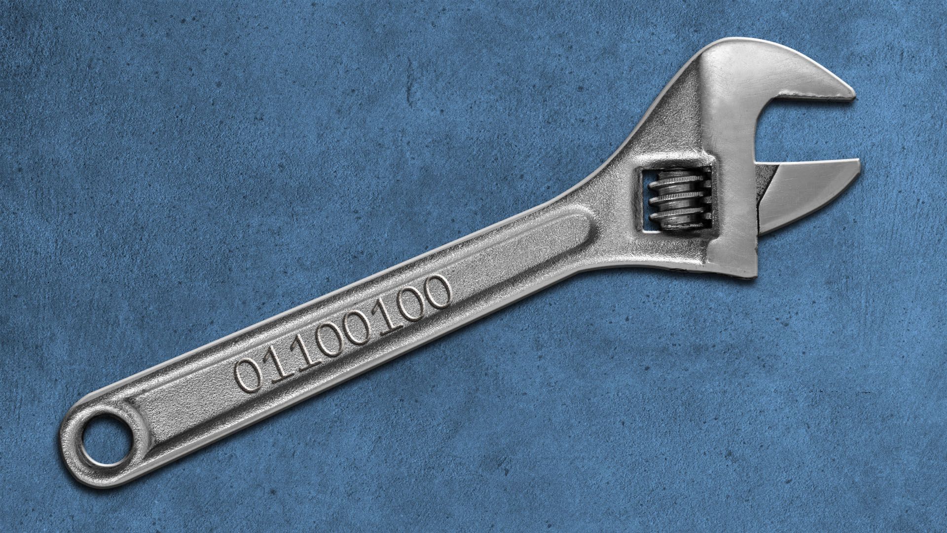 Illustration of a silver adjustable wrench on a textured blue surface with binary code 01100100 engraved on the handle.