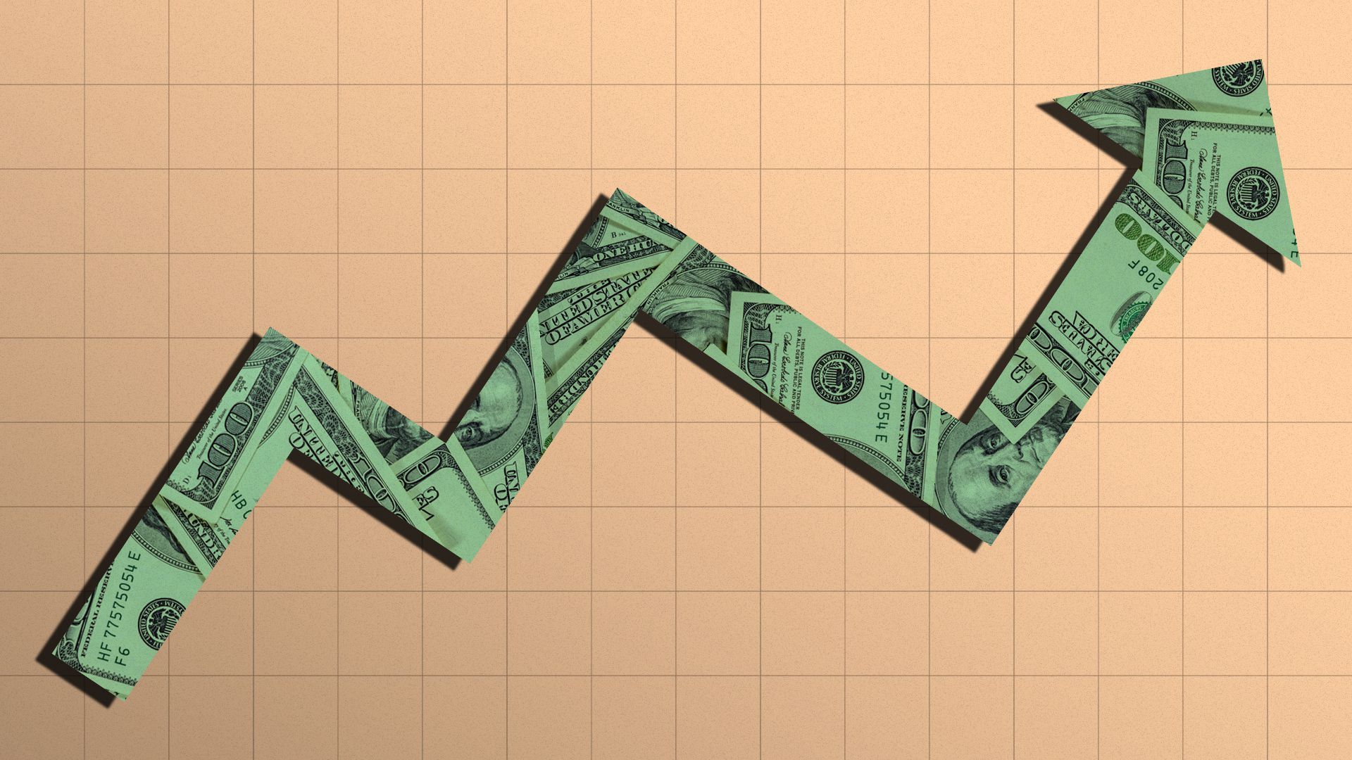 Illustration of an arrow line filled with a money pattern going upward on a graph.