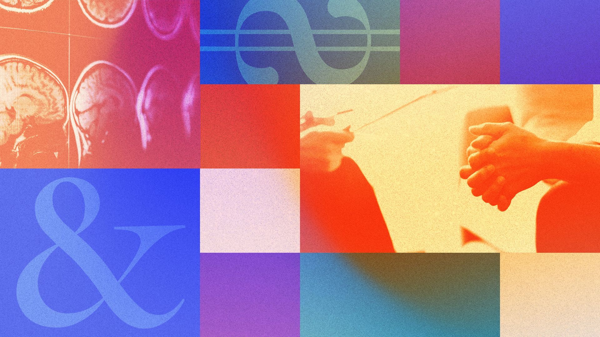 Illustrated collage featuring a psychiatrist talking with a patient and brain scans, with dollar signs and ampersands surrounded by blocks of color