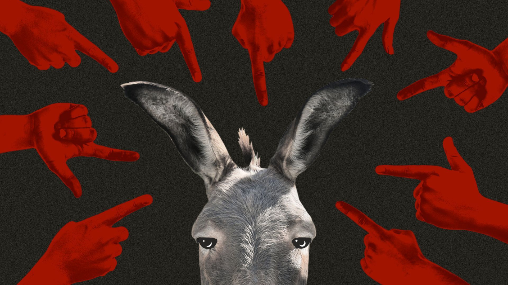 Illustration of a donkey looking exhausted with a bunch of different hands pointing at it. 