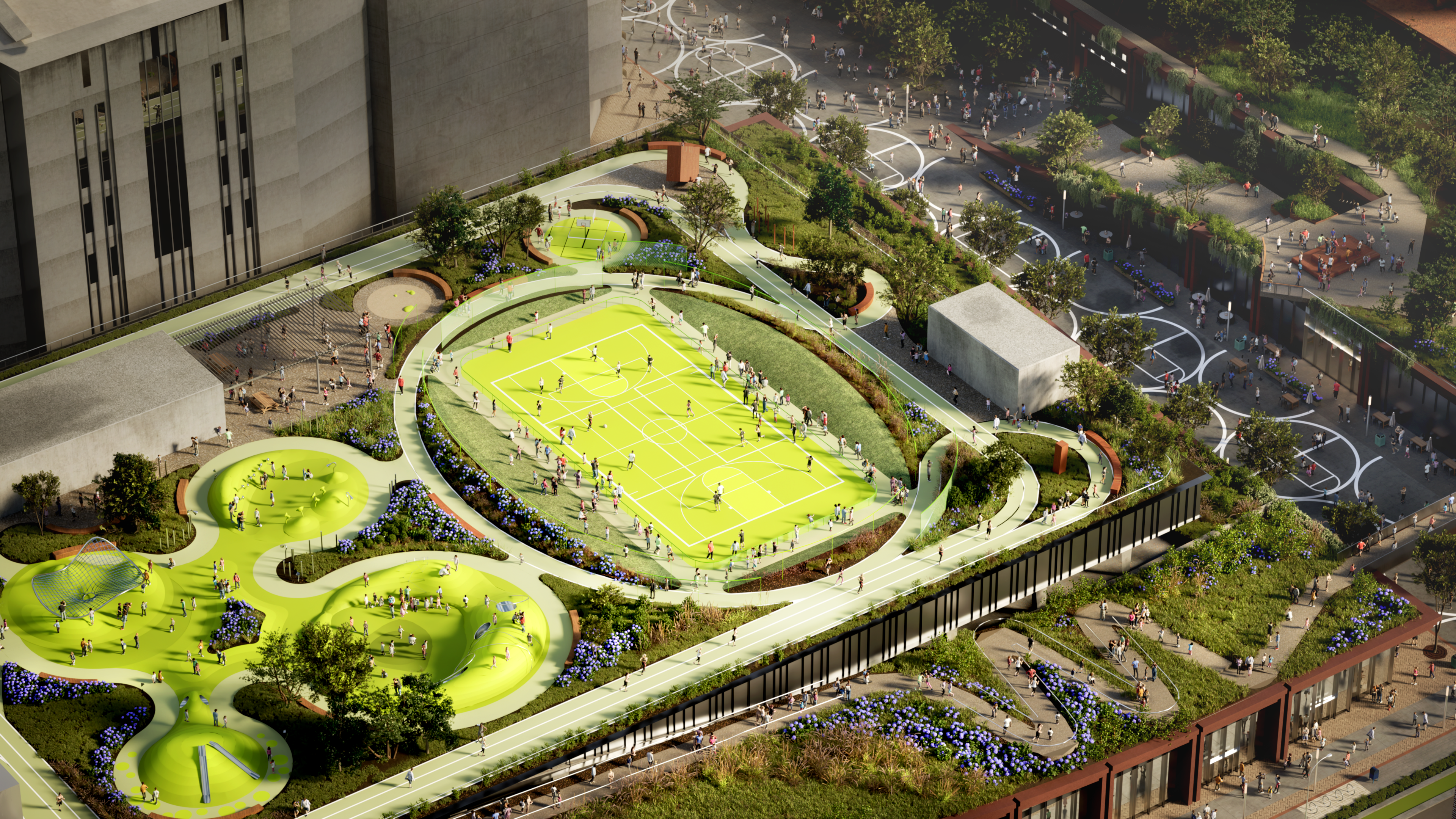 Rendering of a basketball court outside a stadium 