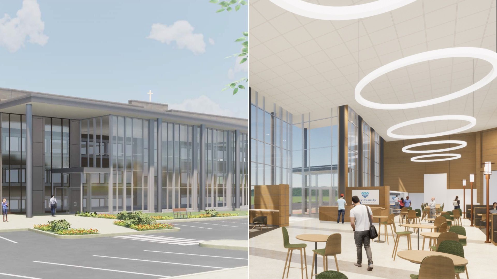 Renderings of Holy Family Hall showing modern church exterior with glass facade and interior lobby with large windows, circular ceiling lights and wooden walls.