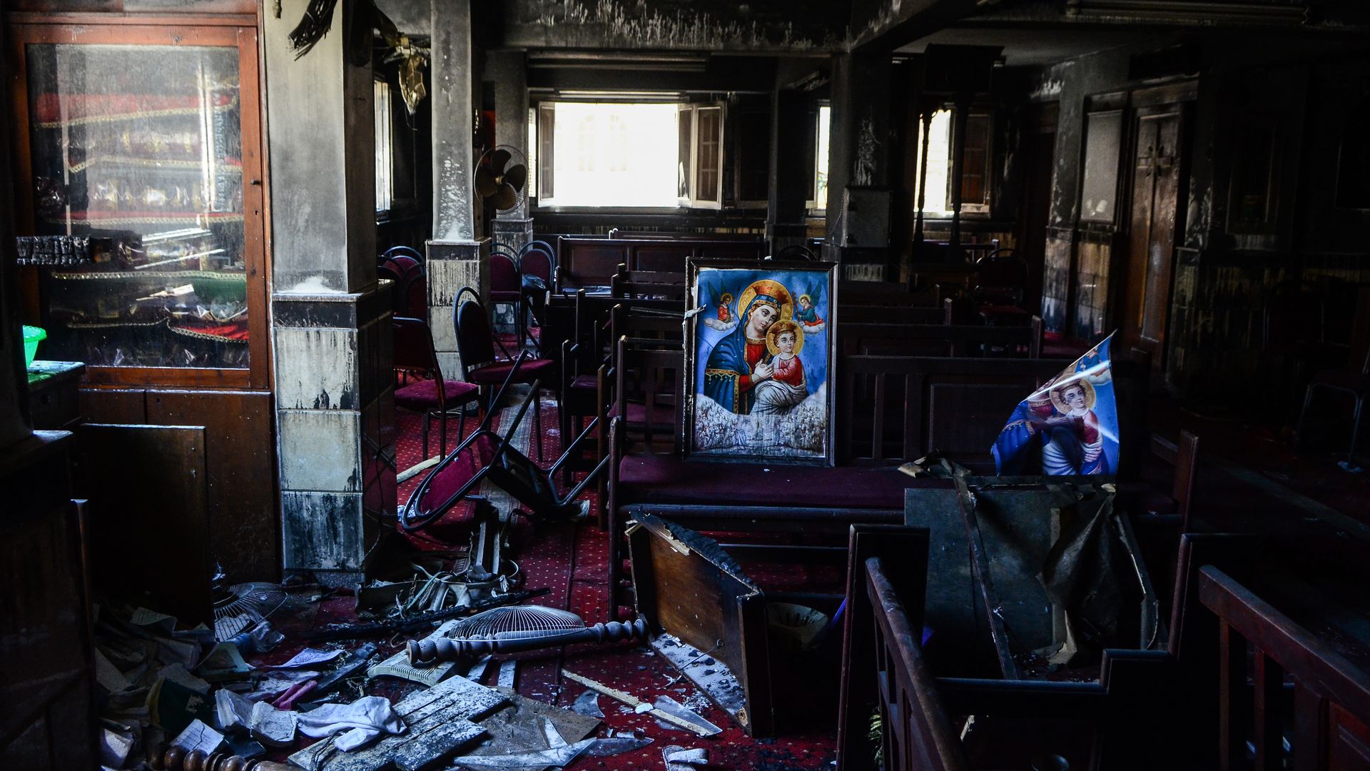 burnt out hall inside the Abu Sefein Coptic church in Giza, 