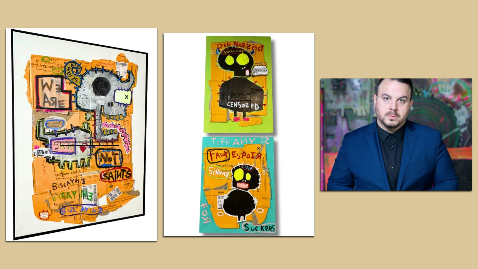 Two pieces of art and a headshot of the artist