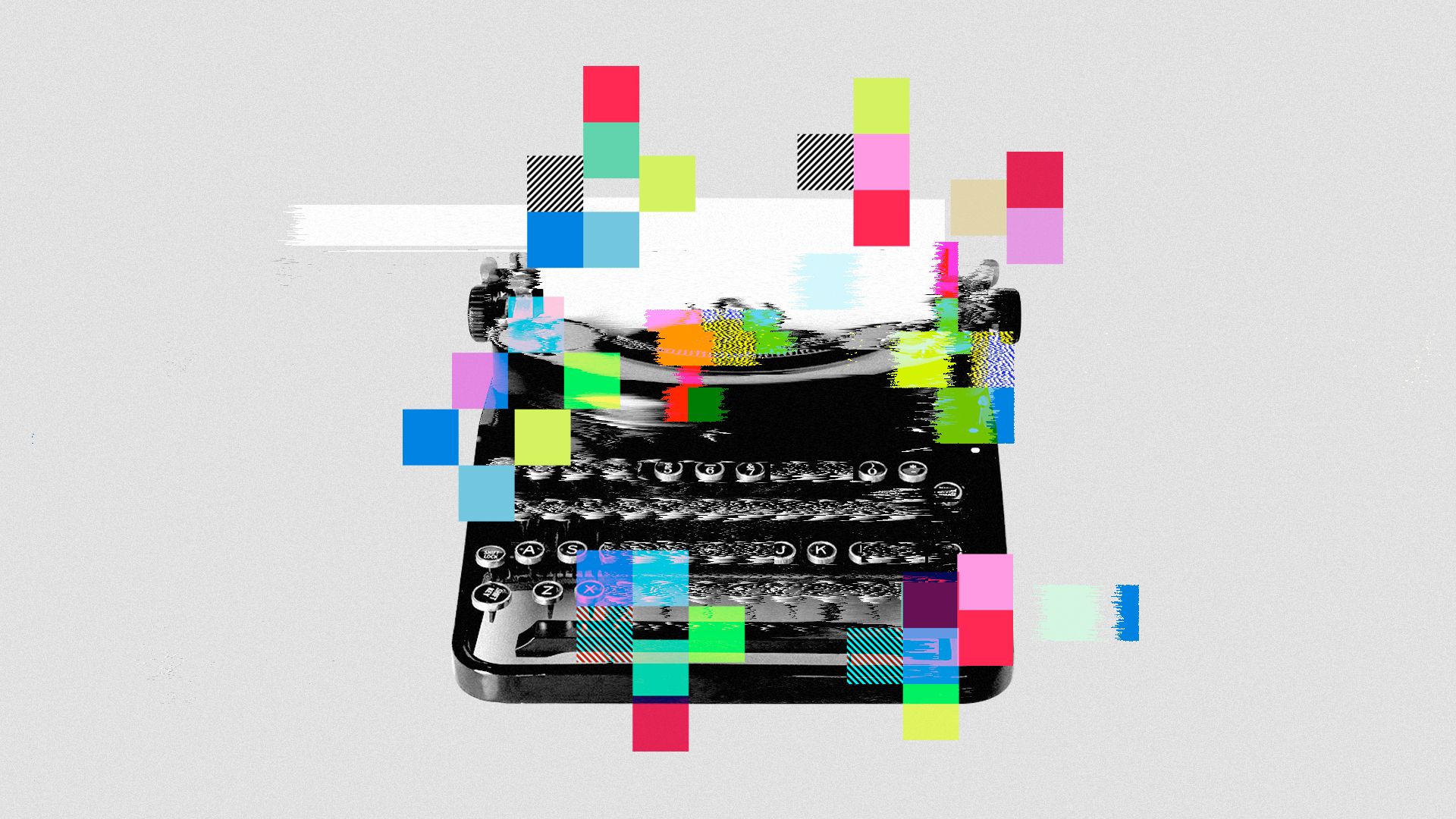 Illustration of a typewriter interrupted by cubes and glitches.
