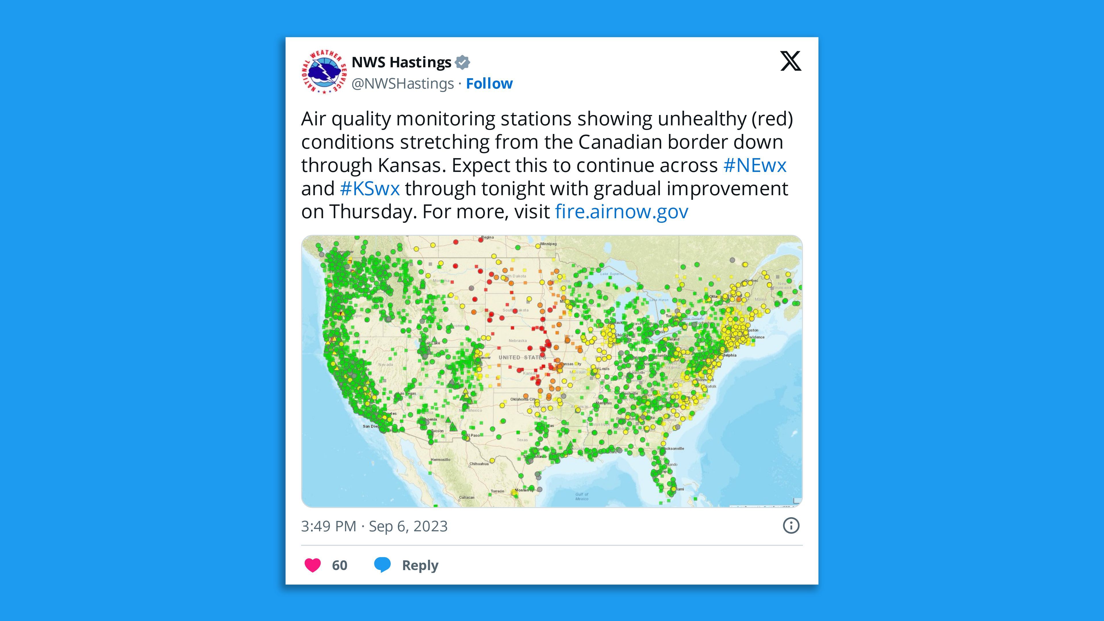 A screenshot of an NWS Hastings tweet, saying: "Air quality monitoring stations showing unhealthy (red) conditions stretching from the Canadian border down through Kansas. Expect this to continue across #NEwx and #KSwx through tonight with gradual improvement on Thursday. For more, visit http://fire.airnow.gov"