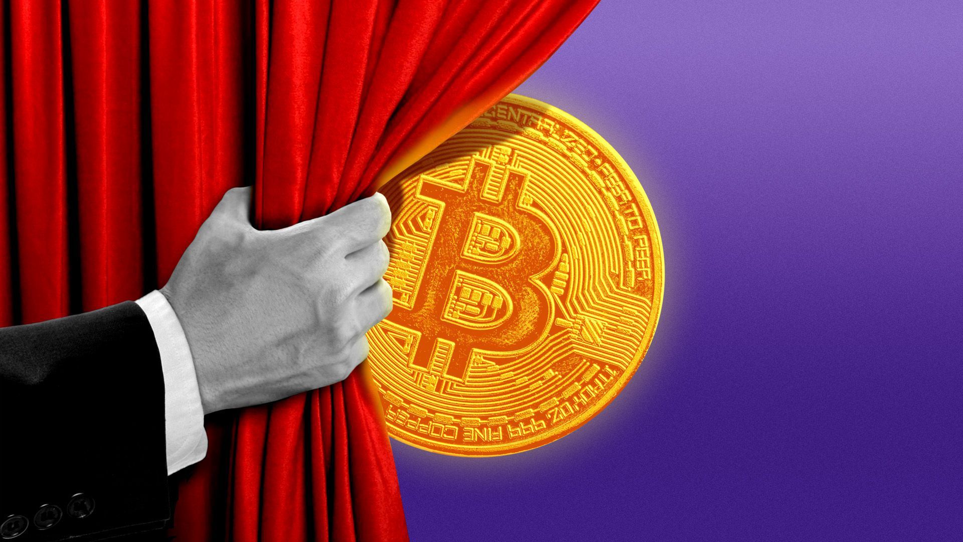 A bitcoin being unveiled behind a curtain