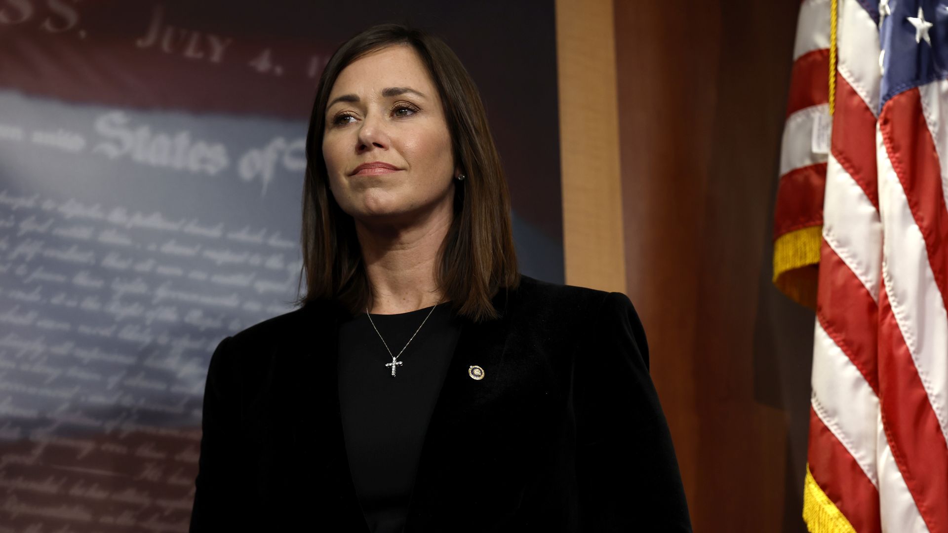 Sen. Katie Britt (R-AL) listens during a news conference on border security at the U.S. Capitol Building on September 27, 2023 in Washington, DC.