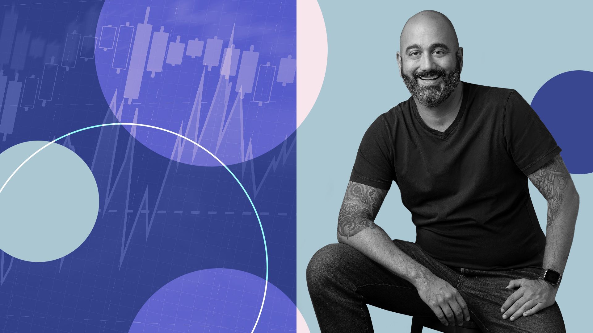 illustration of Sultan Meghji, former FDIC Innovation Chief, surrounded by financial graphs and circles