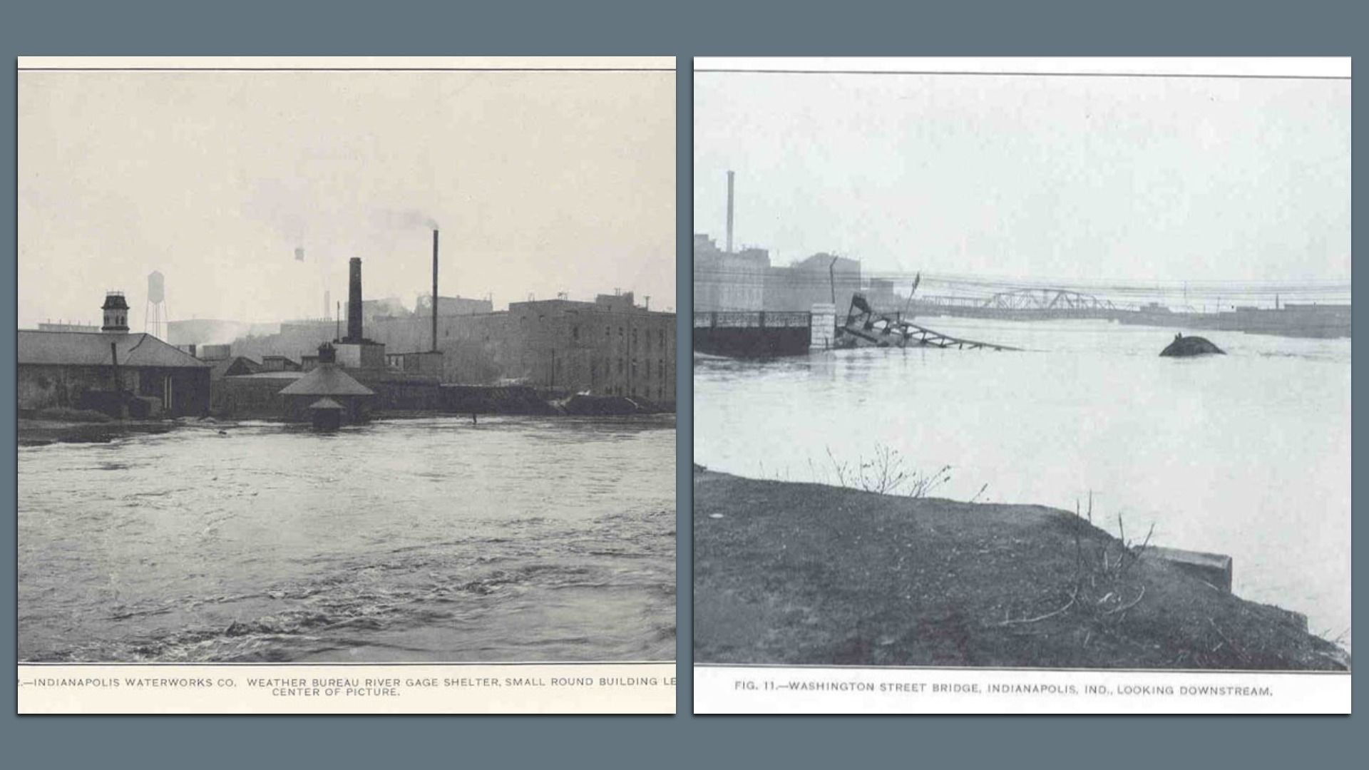 Two side-by-side black-and-white historical photos of Indianapolis along the river. Left shows an industrial waterfront with smokestacks; right shows the Washington Street Bridge downstream.