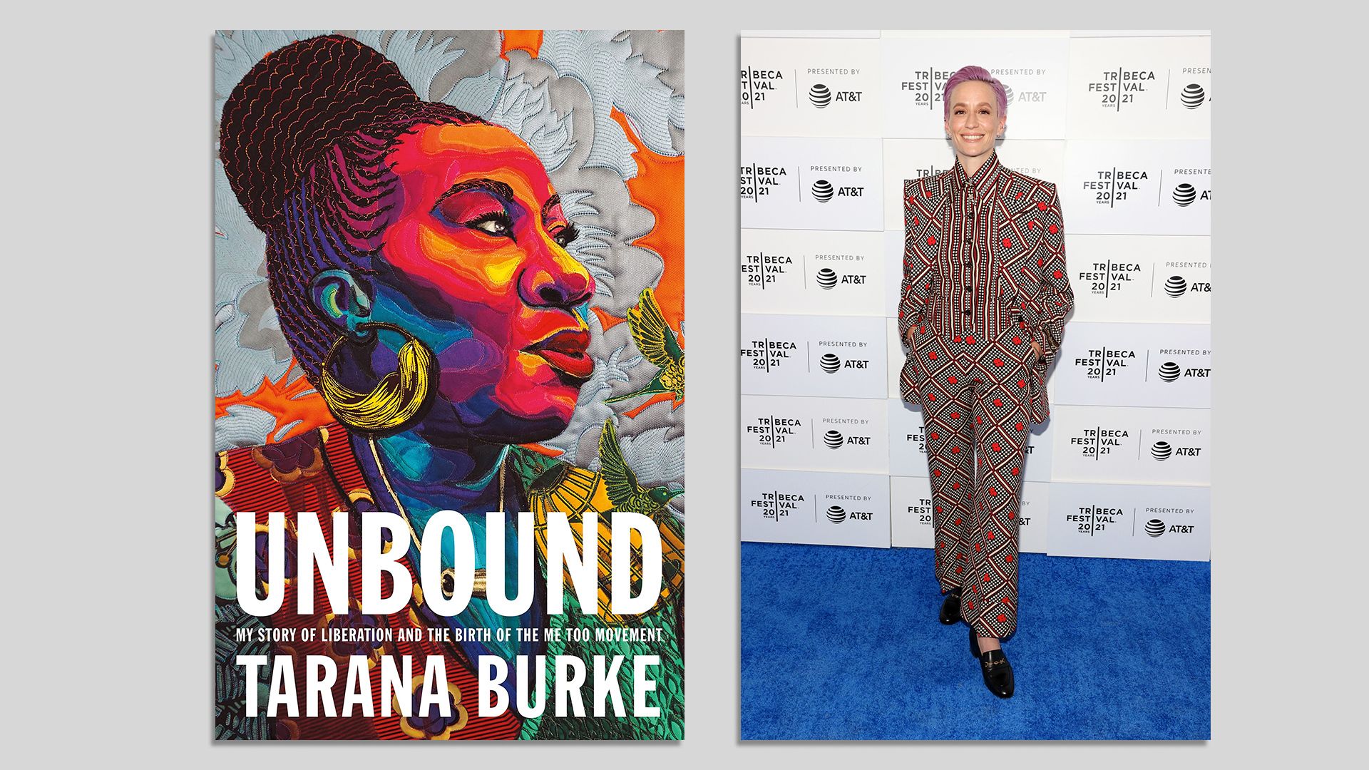 A combined image of the cover of 'Unbound' by Tarana Burke and Megan Rapinoe posing for a picture