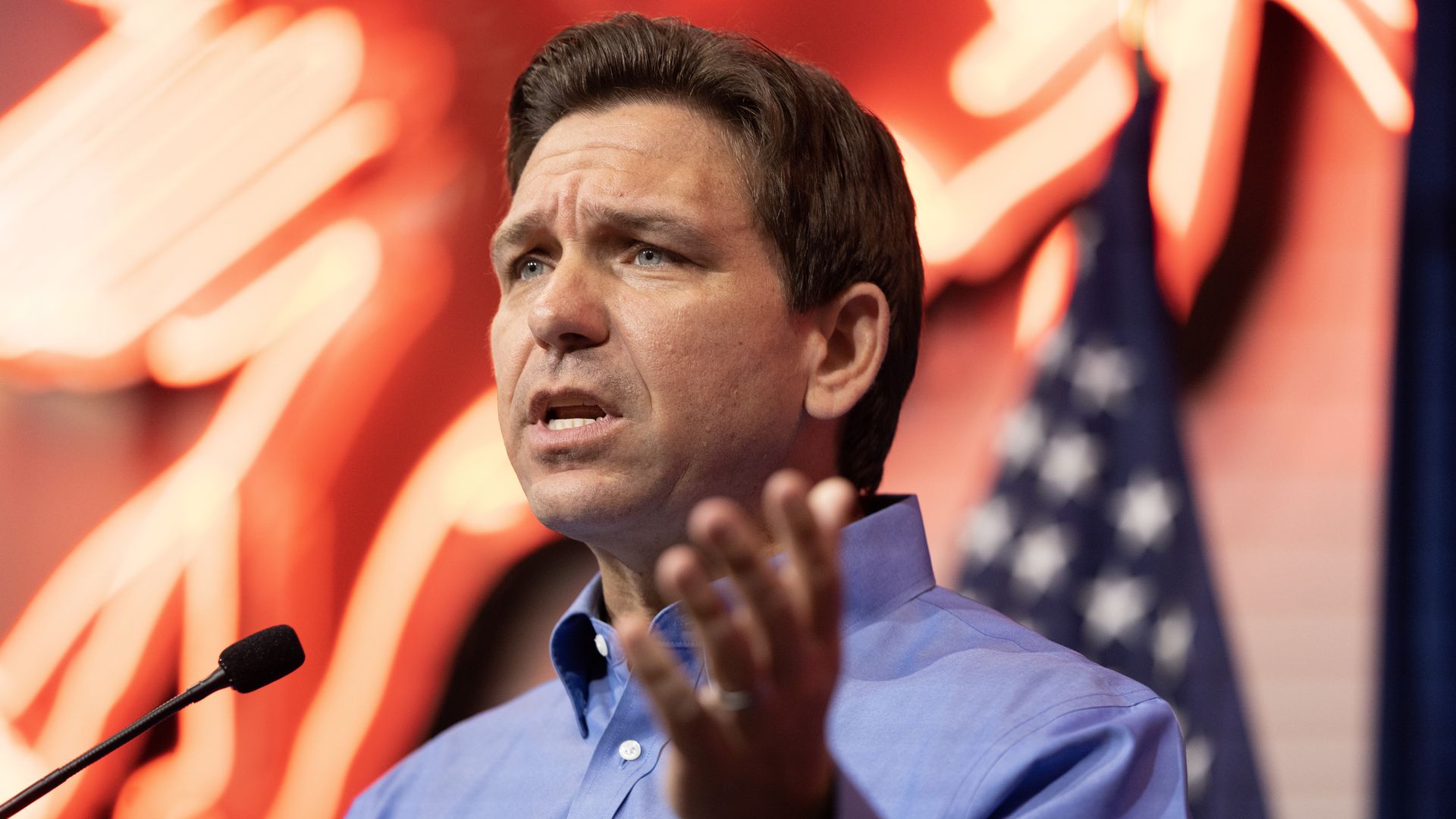 Florida Gov. Ron DeSantis (R) speaking in Sioux Center, Iowa, on May 13.