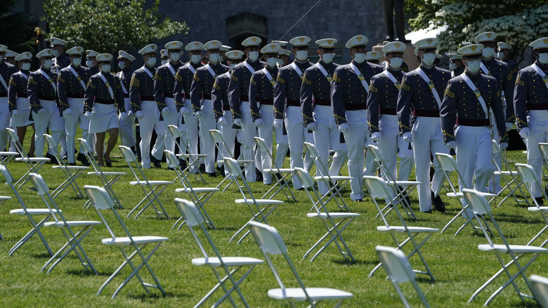 West Point graduates lined up while wearing masks