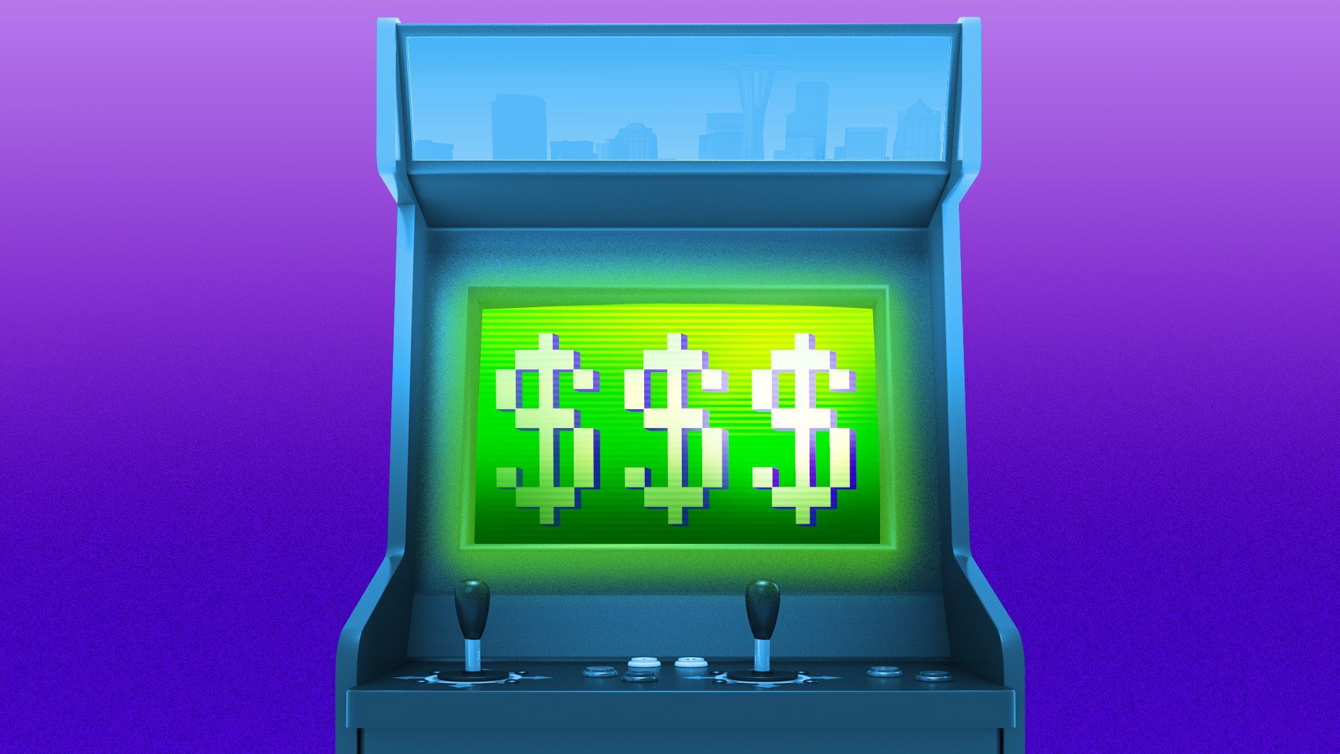 Illustration of an old arcade game with three dollar signs on the screen