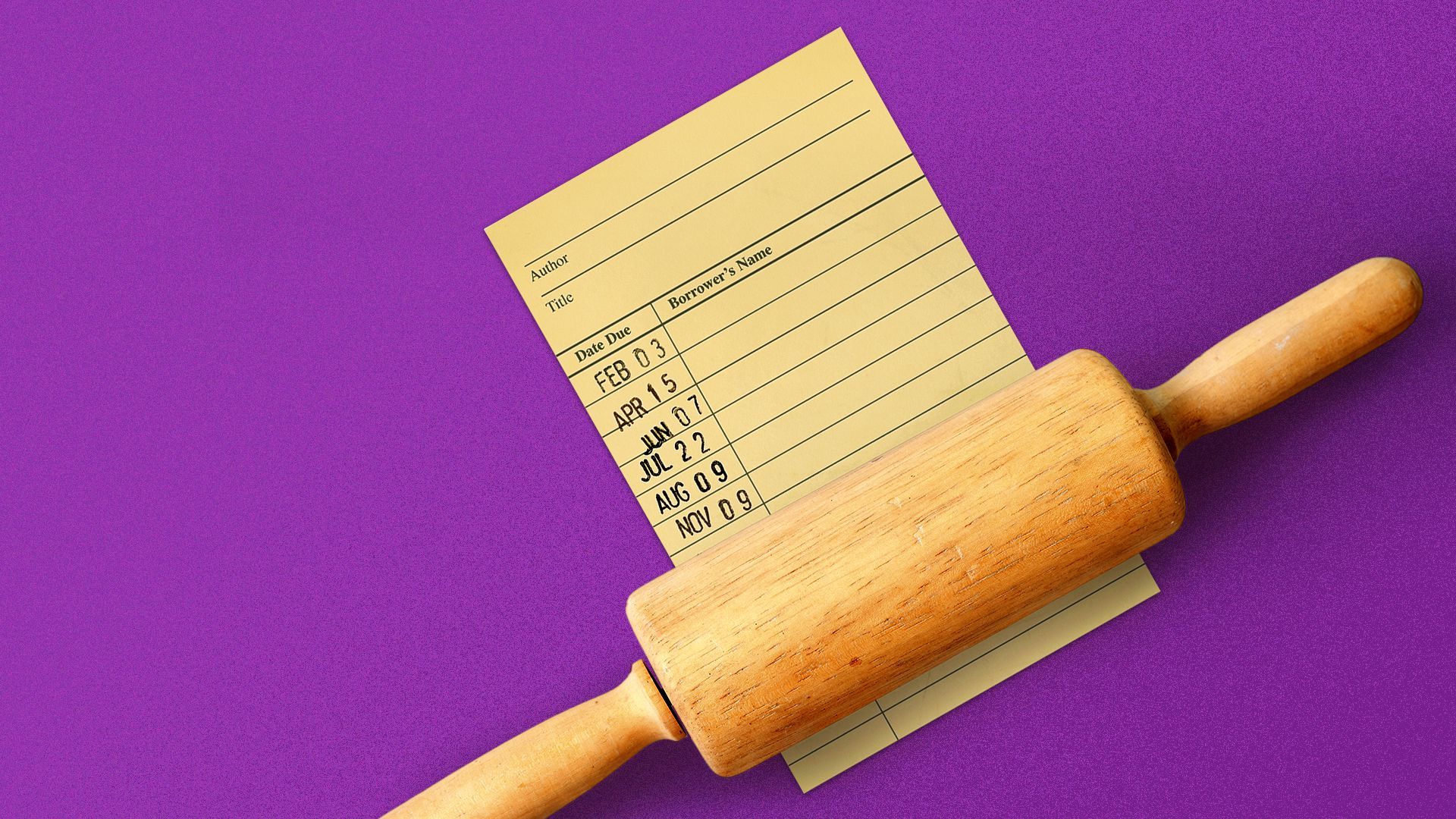 Illustration of a rolling pin rolling on top of a library due date card.