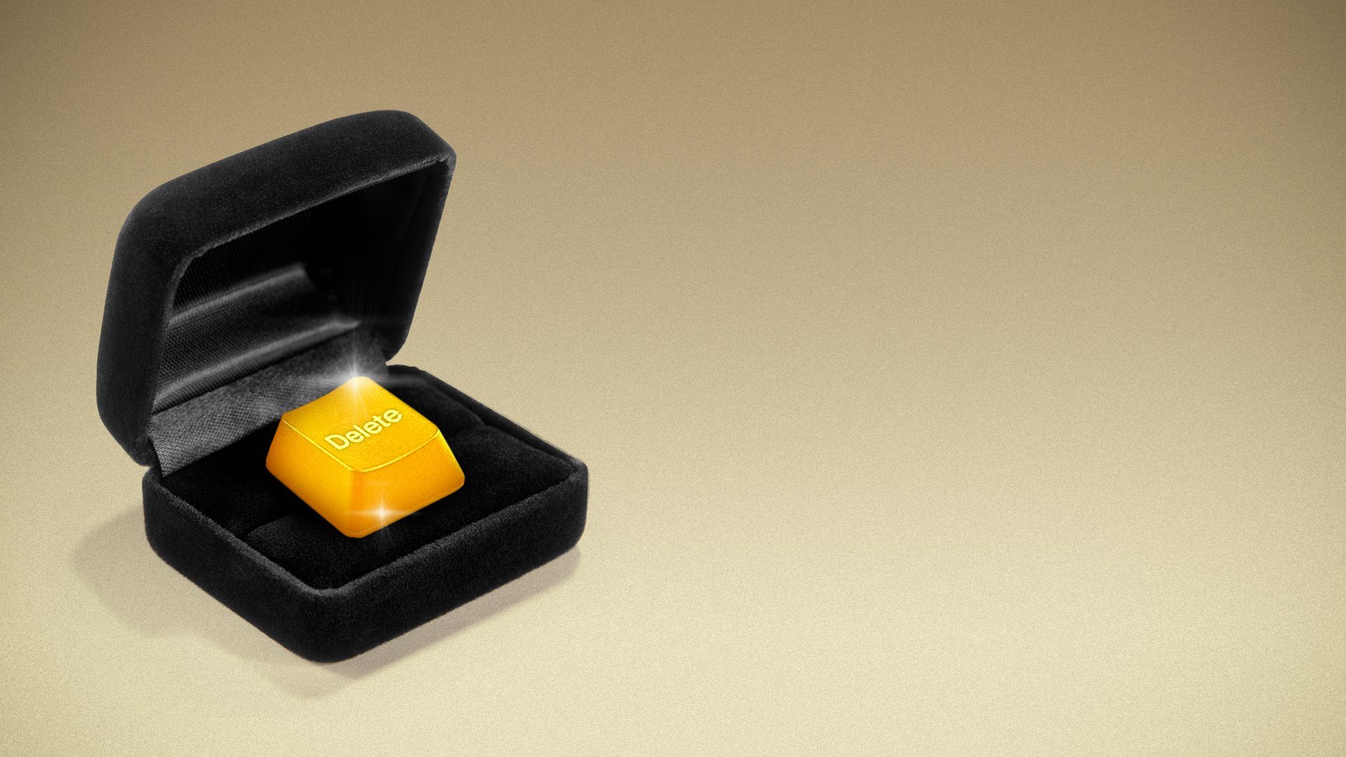 Illustration of a black ring box opening to reveal a golden delete key.