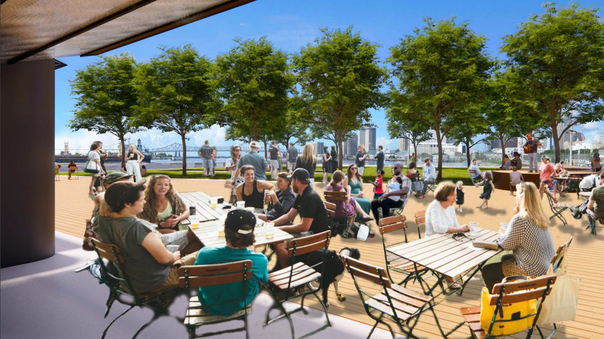 Rendering shows people eating at picnic tables along the riverfront.