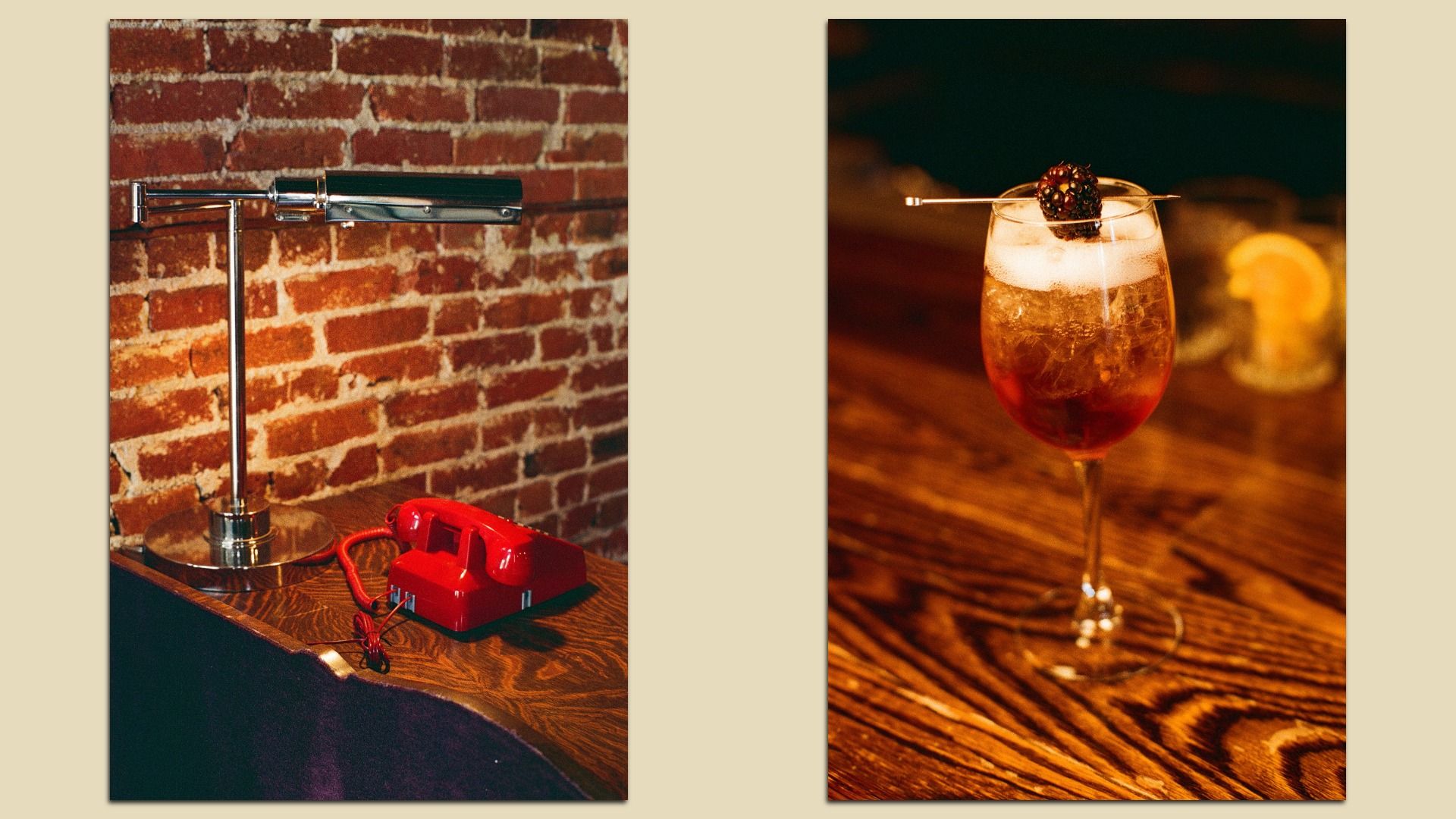 Left image shows a shiny metal desk lamp and a red rotary telephone on a wooden surface with a brick wall background. Right image shows a brown cocktail garnished with a blackberry on a wooden bar.
