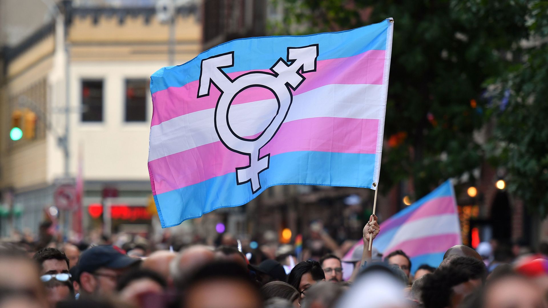 A person holds a transgender pride flag 