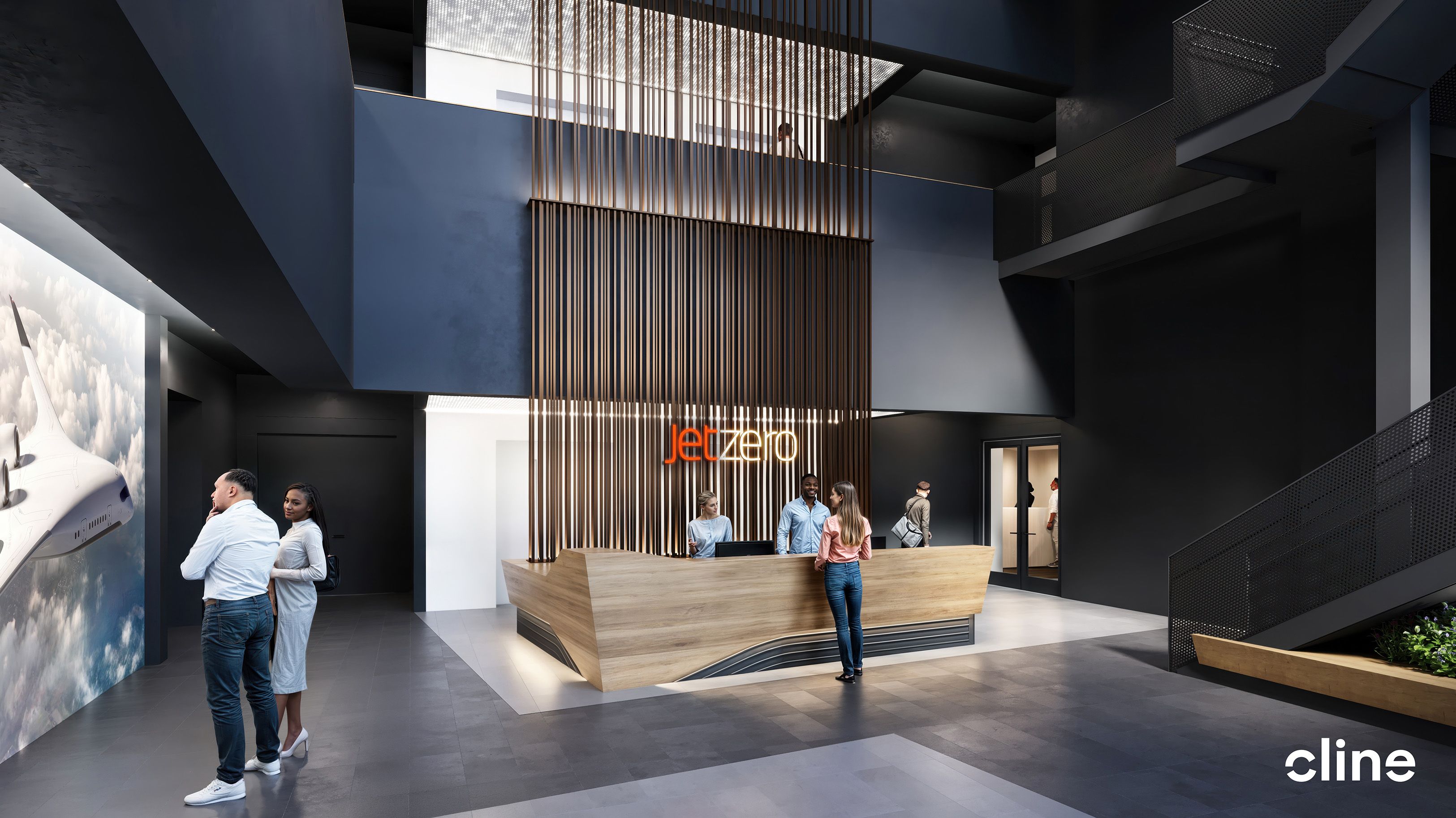 Modern lobby with a tall wooden slat divider, a bright orange "Jetzero" sign above a curved wooden reception desk, dark metal walls, an airplane mural on the left, and several people speaking.