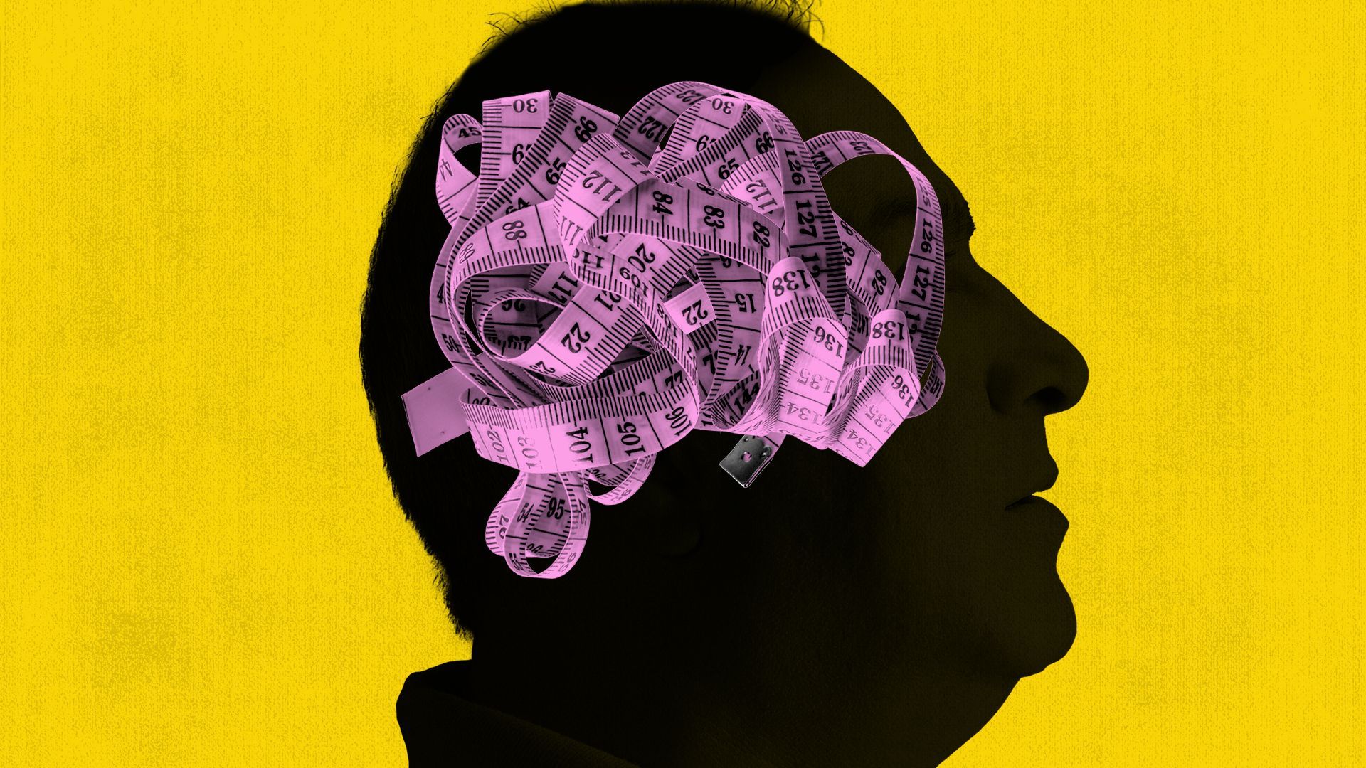 Illustration of a silhouette of a person with tangled measuring tape in the shape of a brain