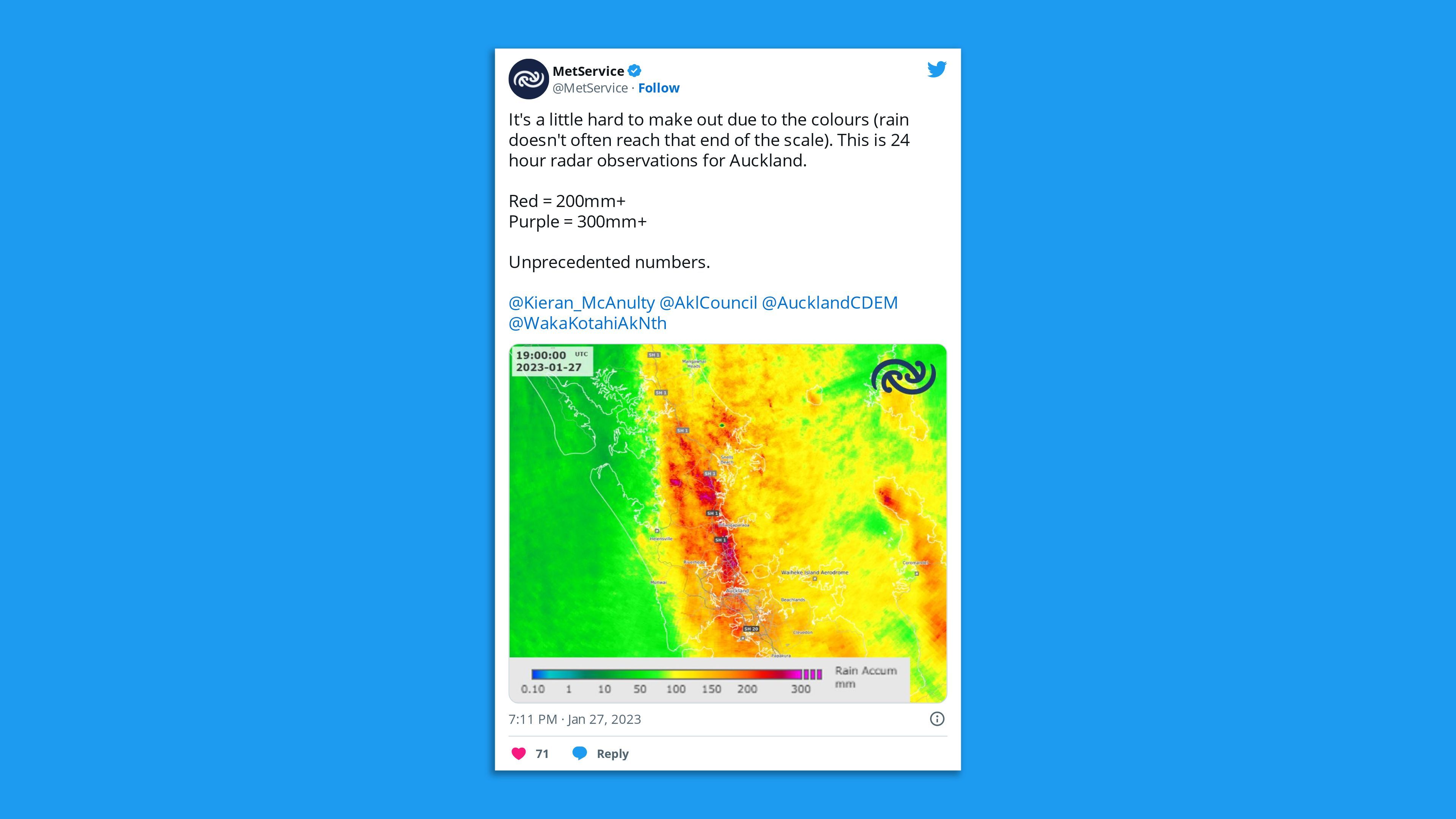 A screenshot of a tweet outlining record heavy rainfall in the Auckland region on Friday.