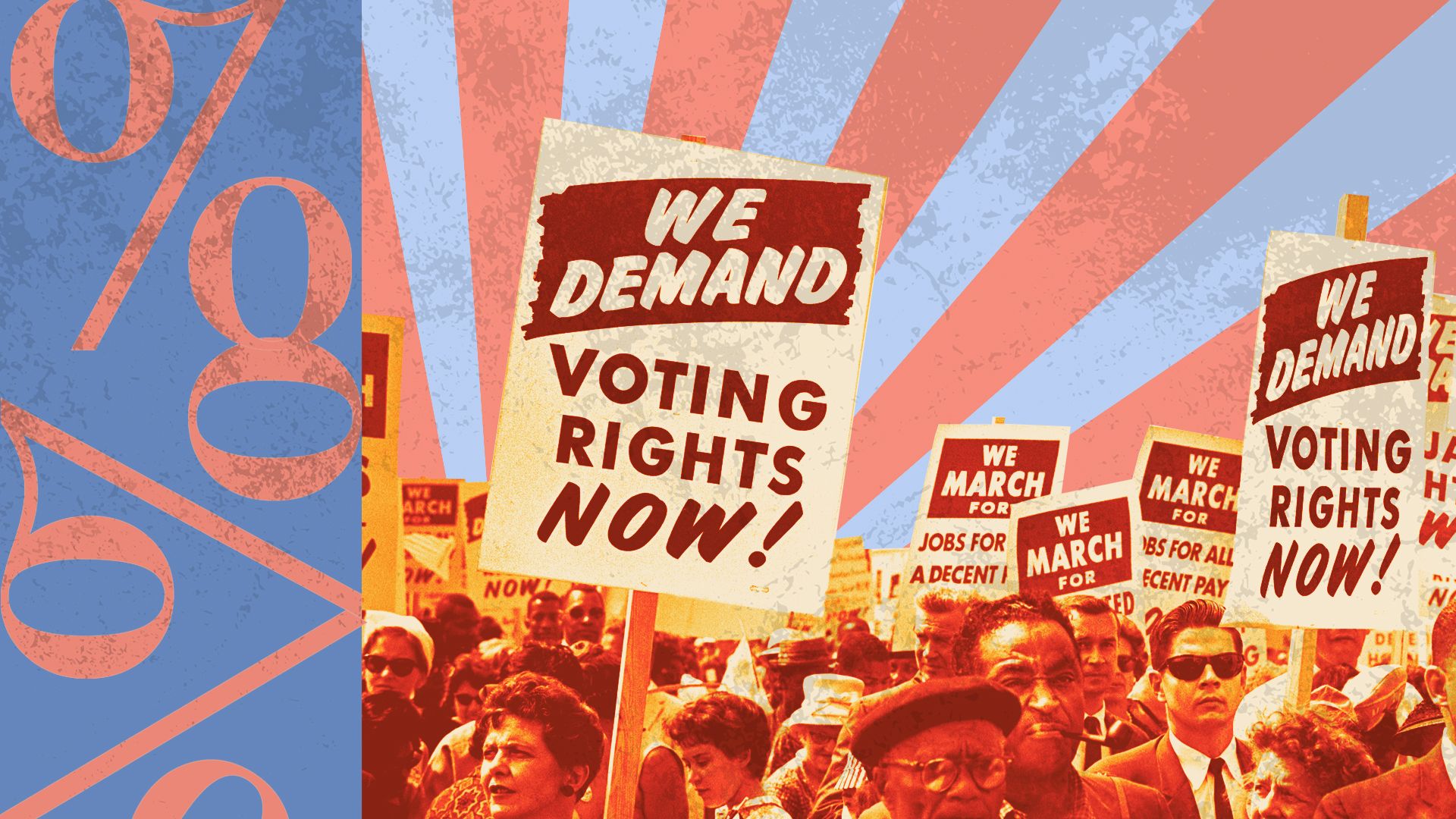 Photo illustration of a Civil Rights march with radial lines and percentage signs