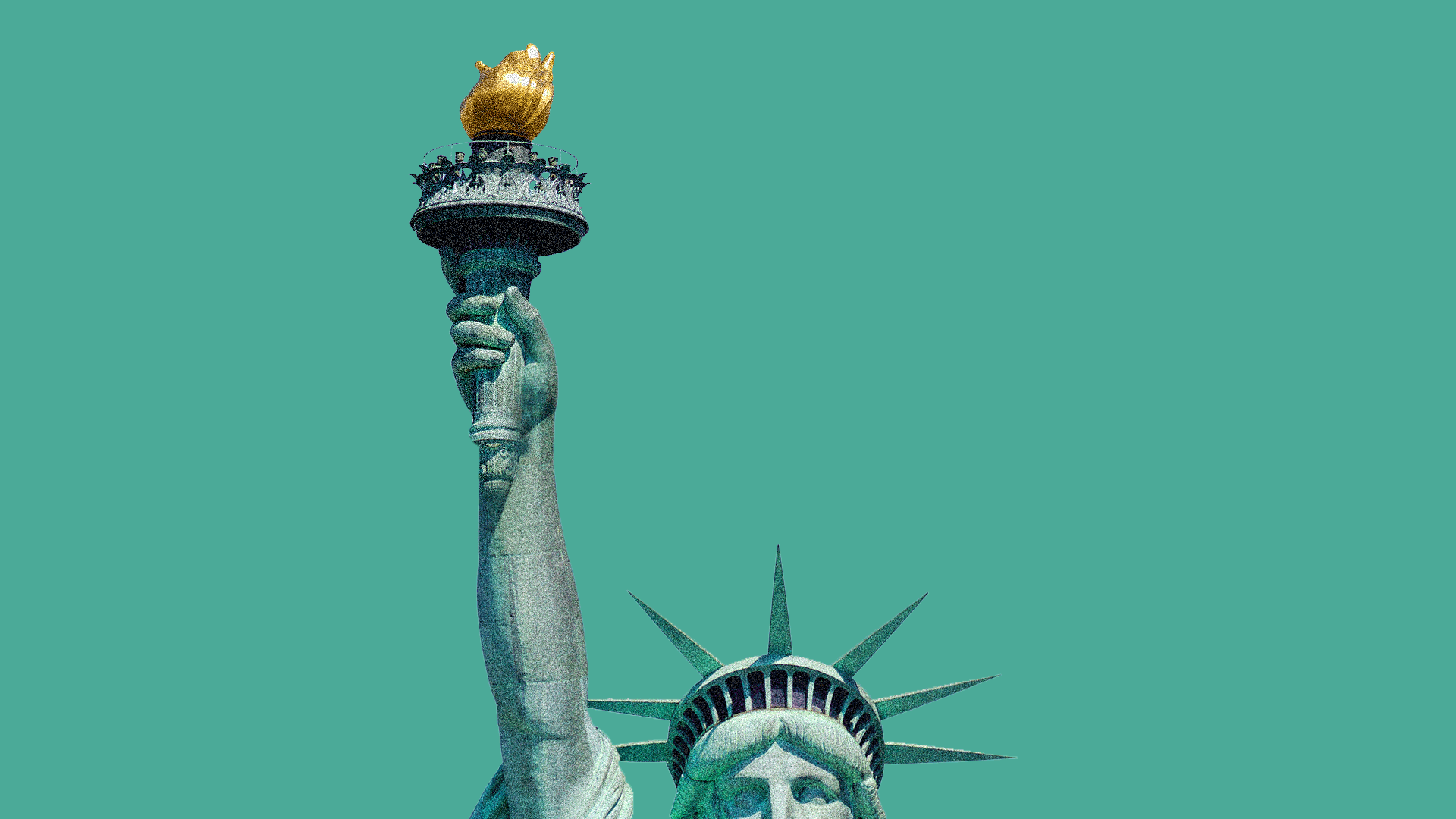 Illustration of Statue of Liberty with fire and gavel in hand before green background.