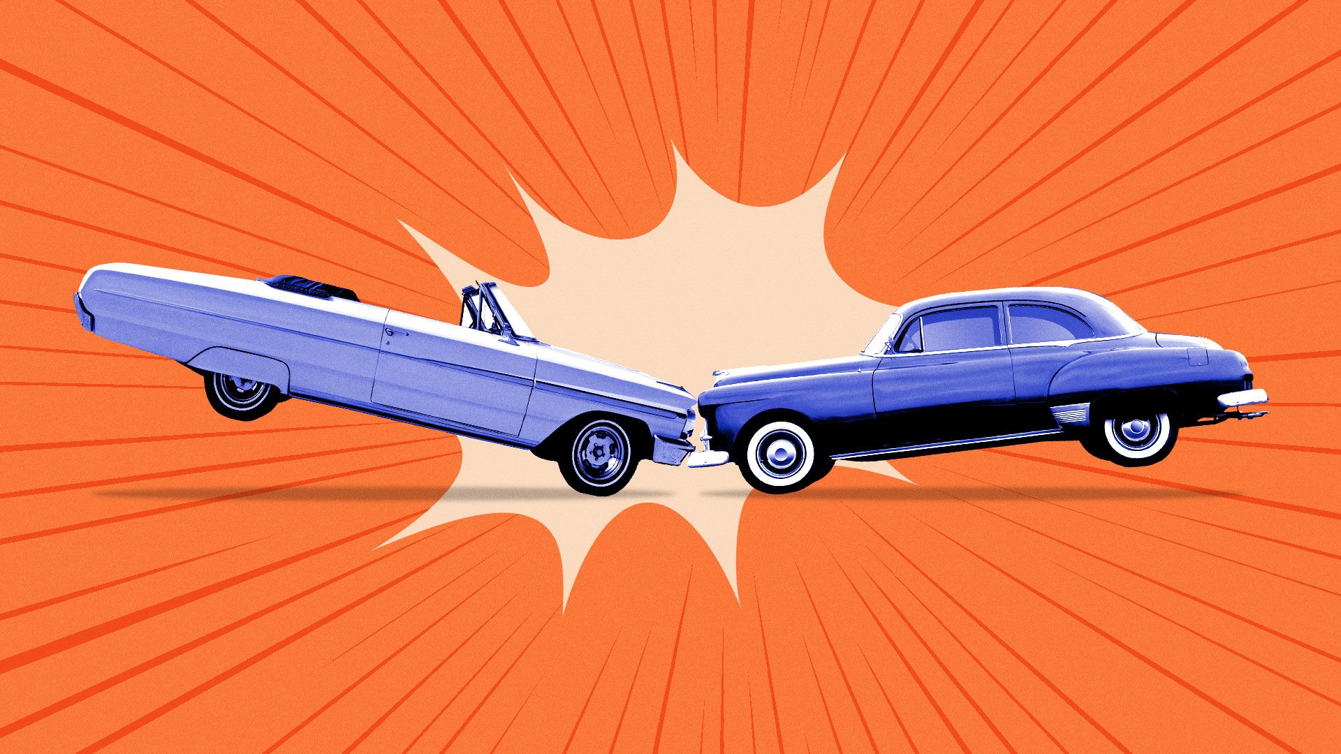 Illustration of two cars crashing with a comic book explosion