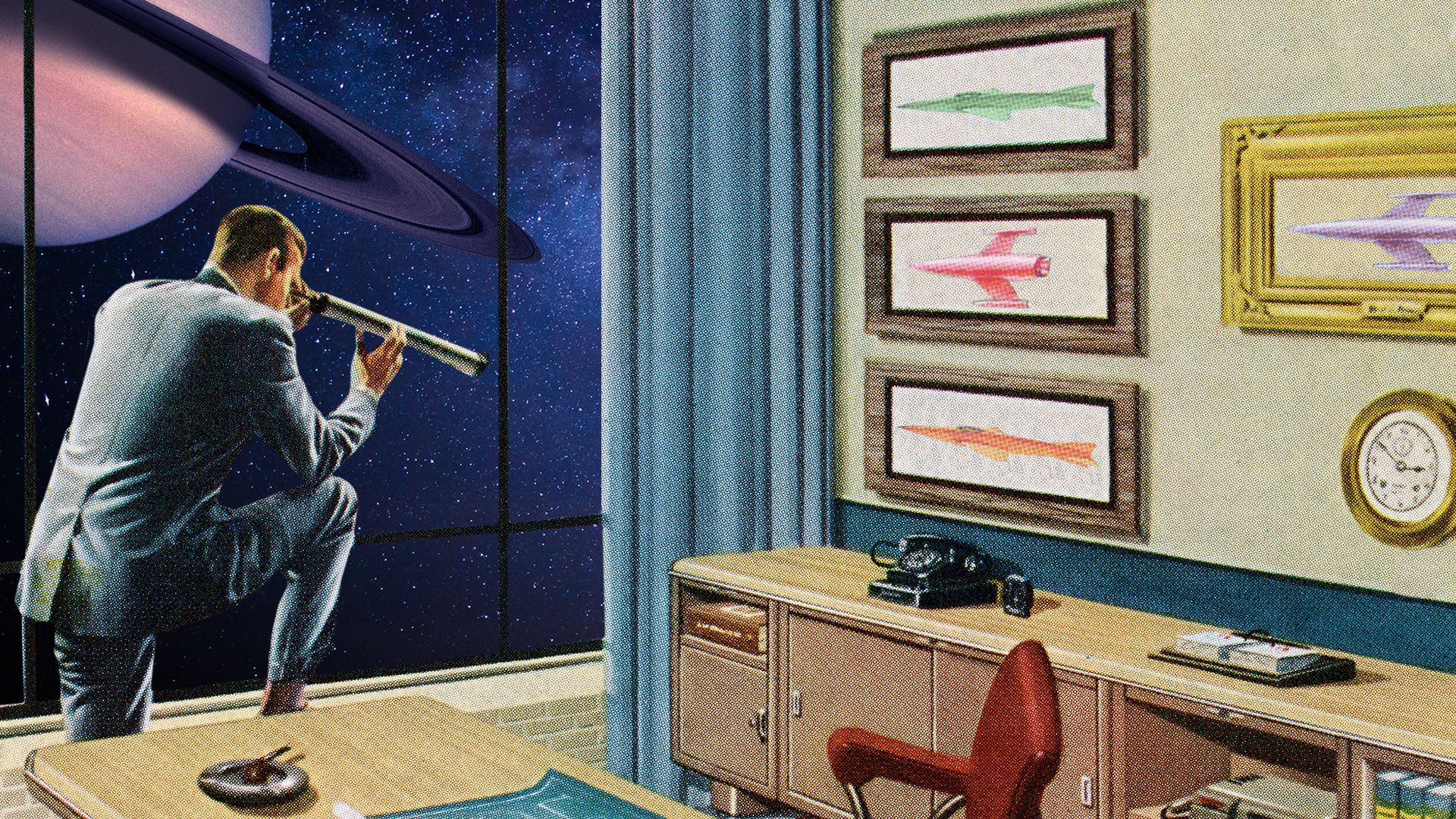 Photo illustration of a 50s style business man looking out a window into space. 