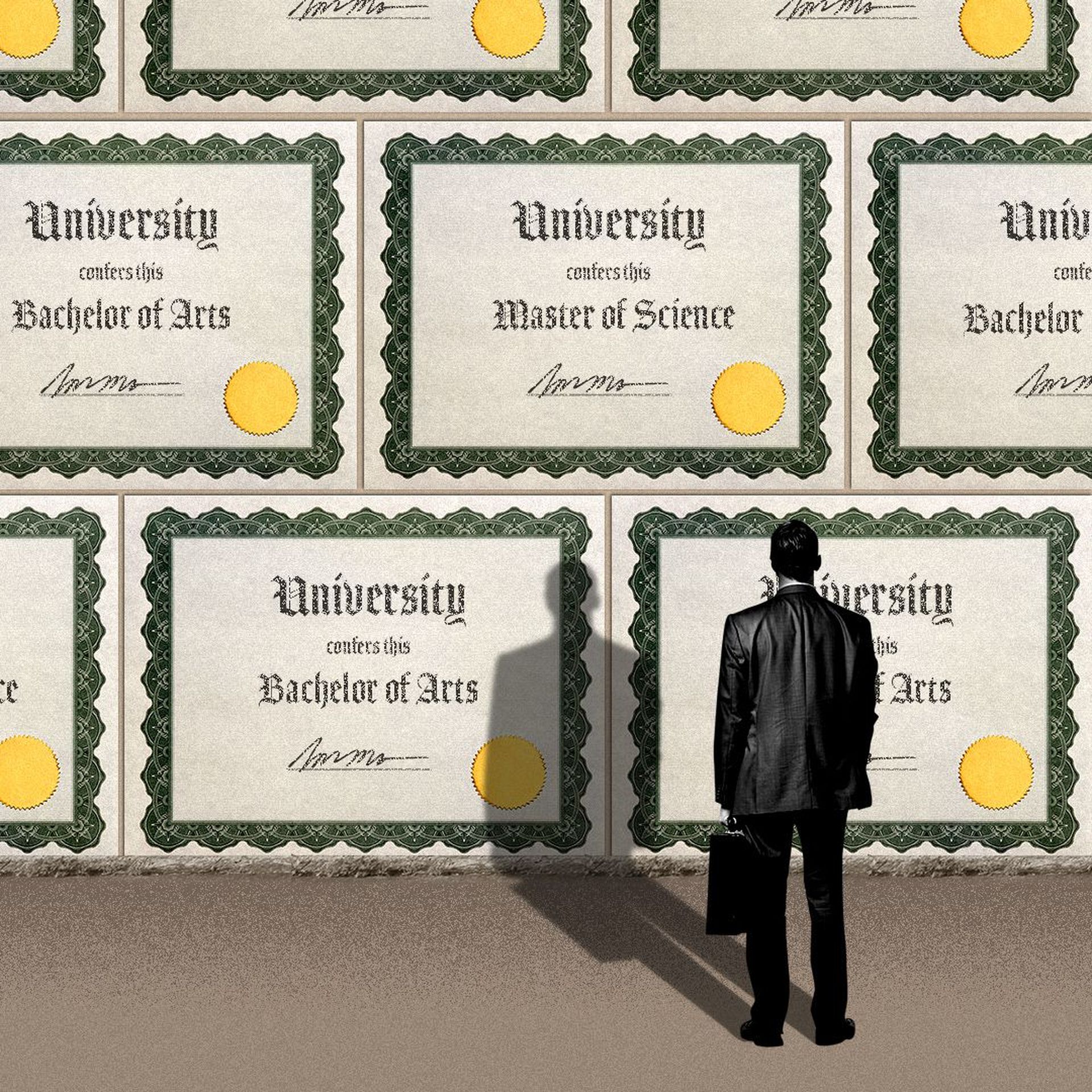 Illustration of a man with a briefcase standing in front of a large wall made up of various university degrees. 