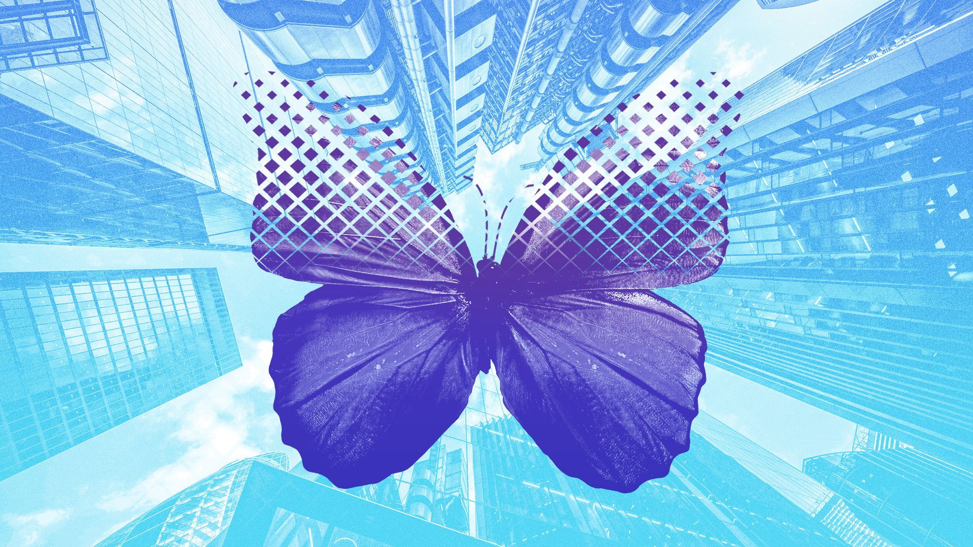 A pixelated butterfly against a cityscape.